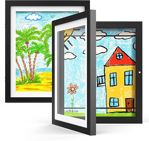 Hsypti Kids Art Frames, Kids Artwork Frames Changeable 8.5 x11 with Mat and 10 x12.5 Without Mat, Front Opening Holds 100 Drawings for Drawings, Artworks, Children Art Projects 2 Pack Black