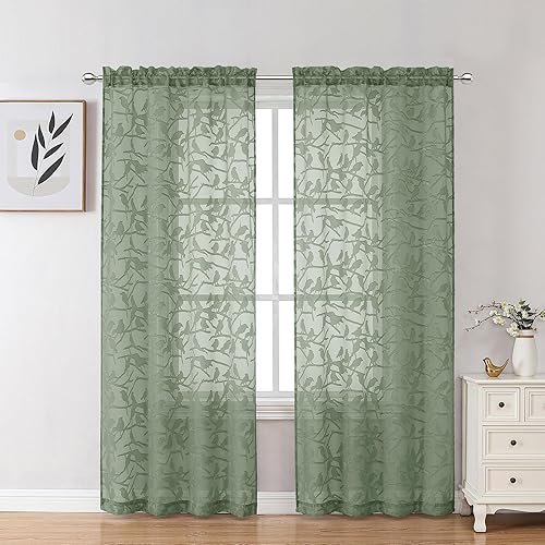 Vista 191 de OVZME - Anji Cortinas semitraslúcidas de gasa, ligeras, vaporosas, privacidad, textura, bolsillo barra doble, pájaros recortados, dormitorio, sala