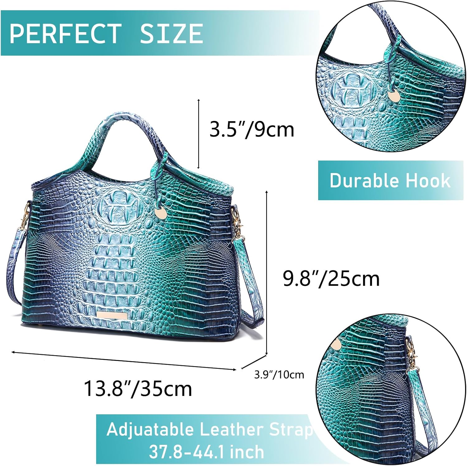 Crocodile Pattern Gradient Top Handle Satchel Large Capacity Tote Bag Casual Versatile Commuter Bag Leather | Crocodile Pattern, Gradient, Top Handle, Large Capacity, Casual, Versatile, Leather - Image 3