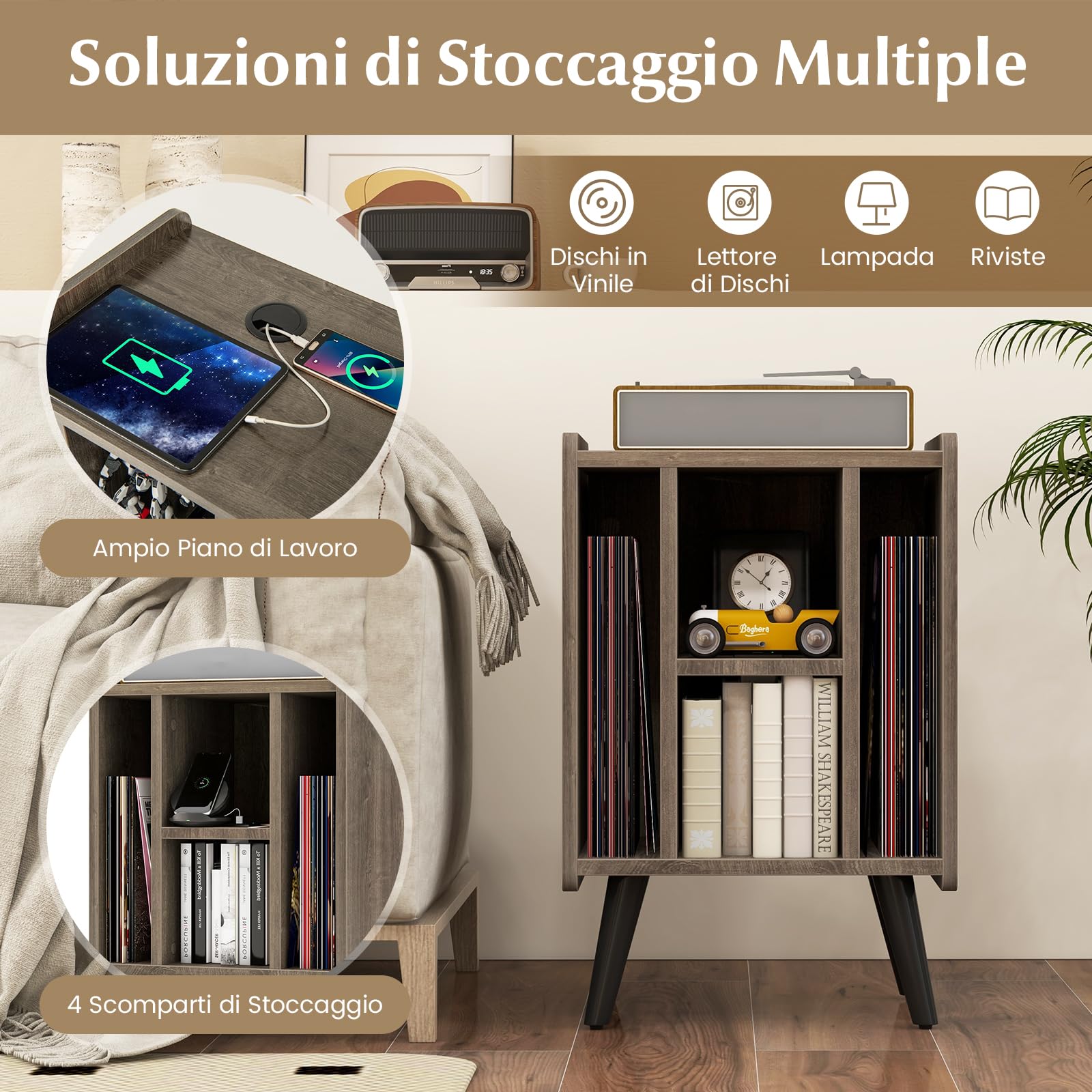 RELAX4LIFE Supporto per Giradischi con Stazione di Ricarica, Porta Vinili con 4 Scomparti Aperti, Espositore per Dischi, Carico Max 90kg per Ufficio, Studio, Camera da Letto
