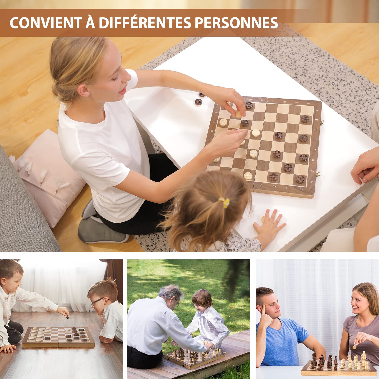 Peradix Jeu d'échecs et Dames 2 en 1 Echiquier en Bois Magnétiques, avec Double Dames, Pour Voyage Pliables, Jouets et Cadeaux de Jeux Éducatifs pour Adultes et Enfants (38 X 38CM)