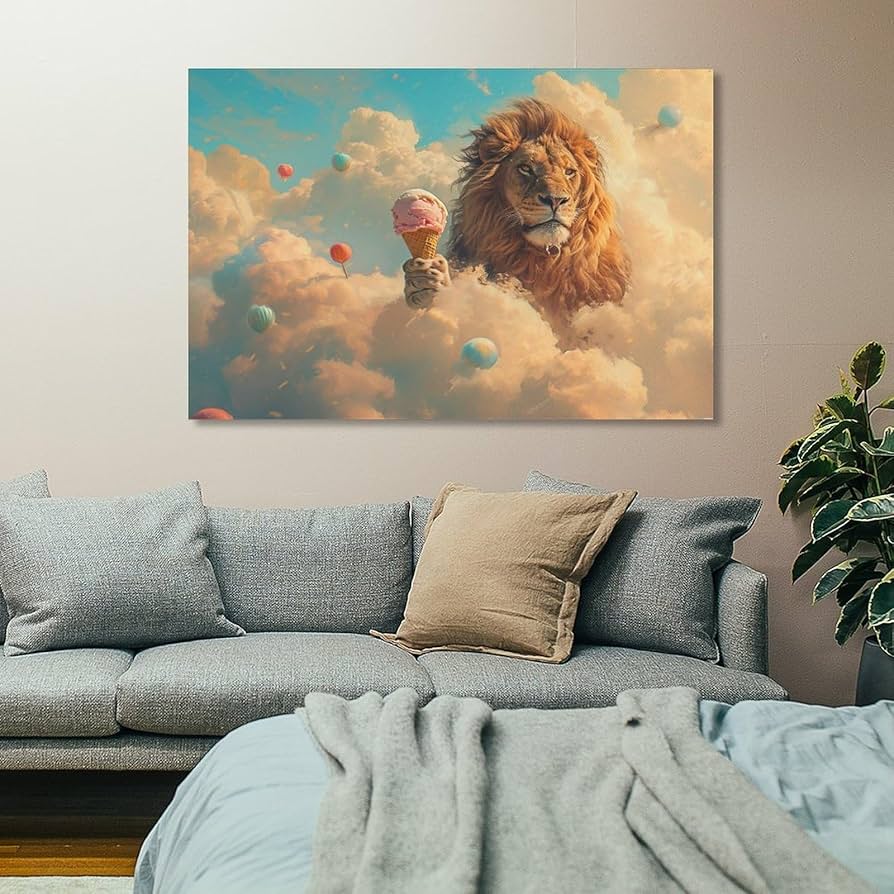 Amazon.co.jp: 絵画 雲の上にアイスクリームを持つライオン