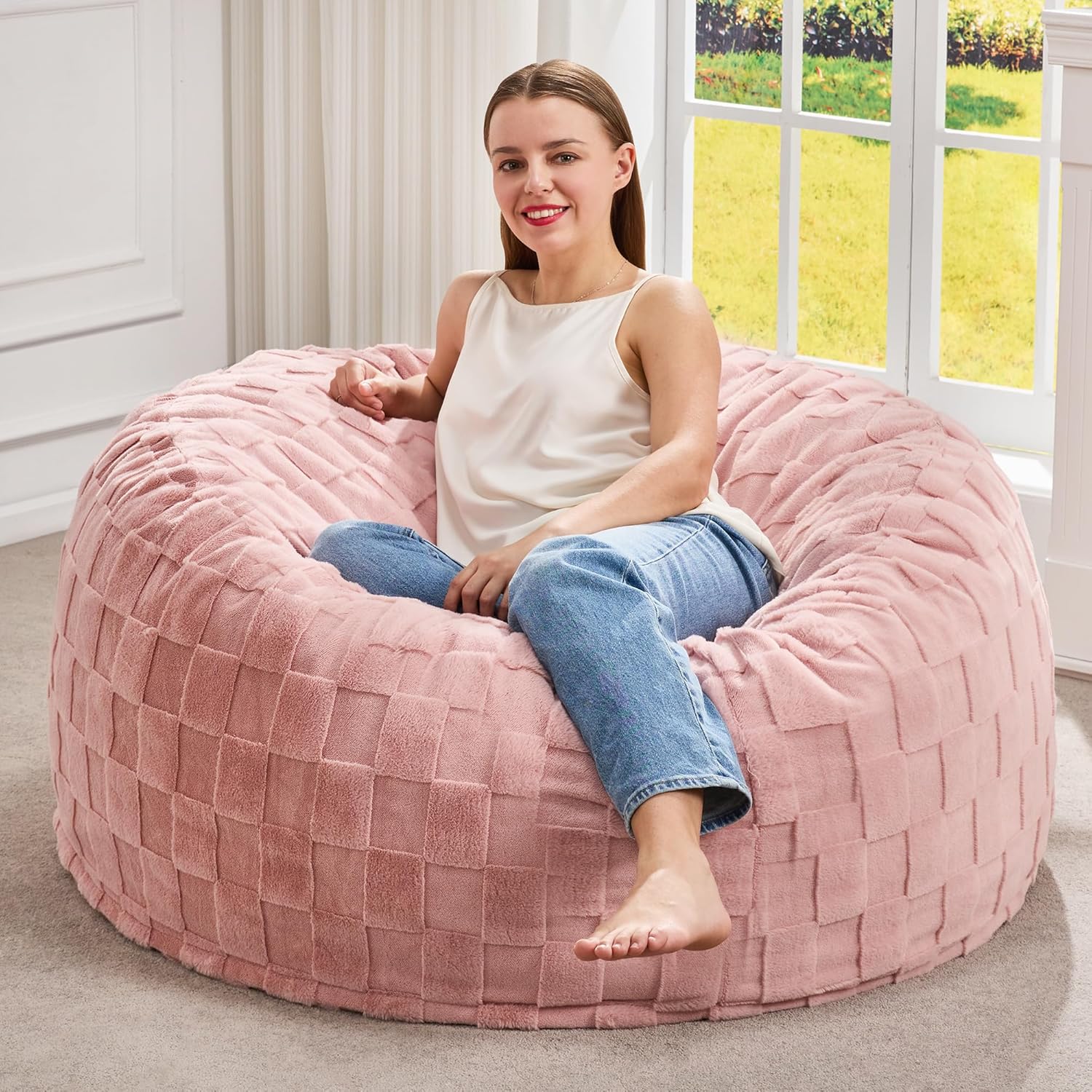 Hobestluk Bean Bag Chairs Beanbag Chair with Filler Adult Bean Bags with Fluffy Plaid Cover, Giant Bean Bag Chairs for Adults for Living Room, Bedroom (Pink, 3FT - 36” x 36” x 22”) Pink 3FT - 36” x 36” x 22”