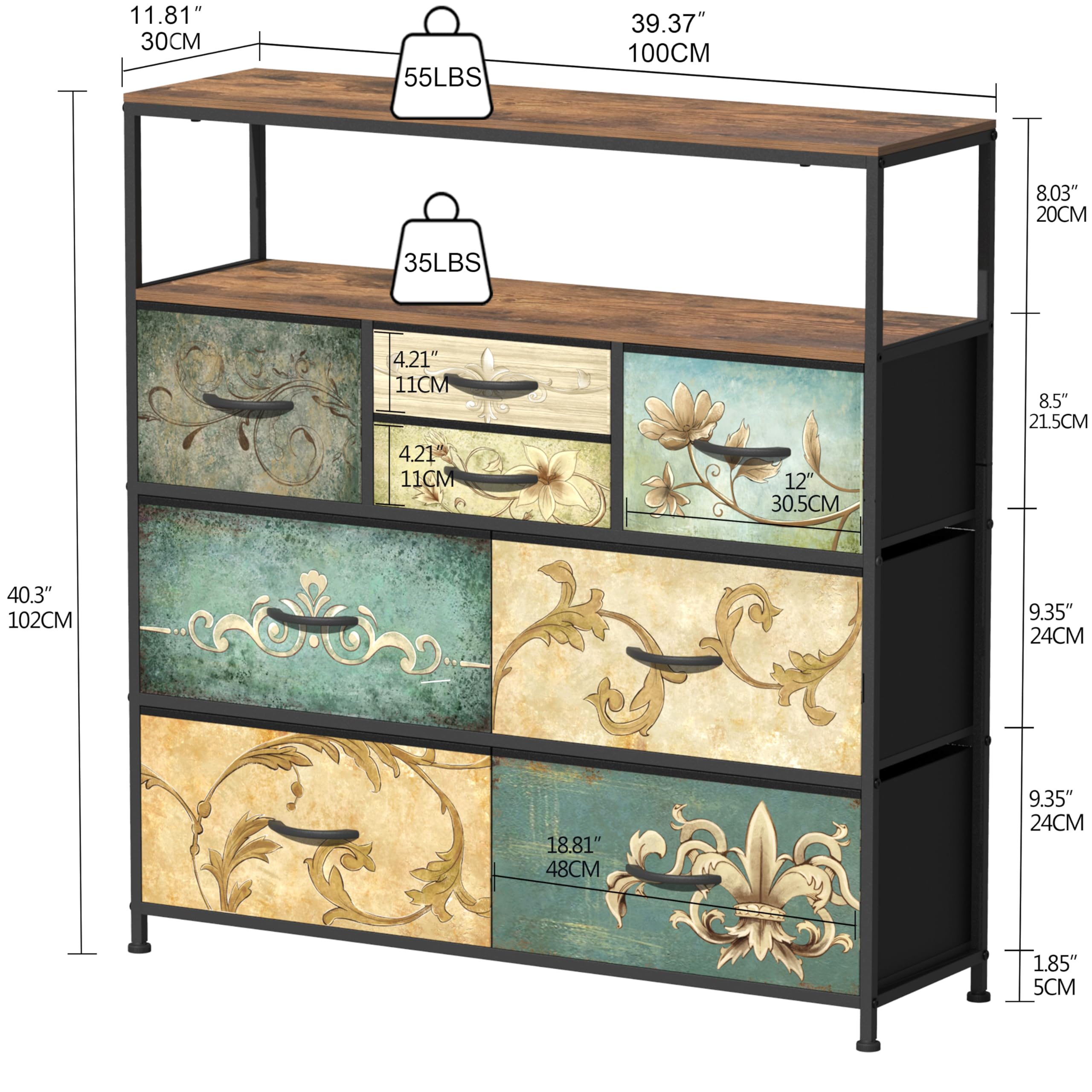VEDECASA Cómoda con 8 cajones de tela, tocador bohemio, soporte para TV para dormitorio, aparador con parte superior de madera, cajones de tela, estructura metálica, para salón, dormitorio, pasillo