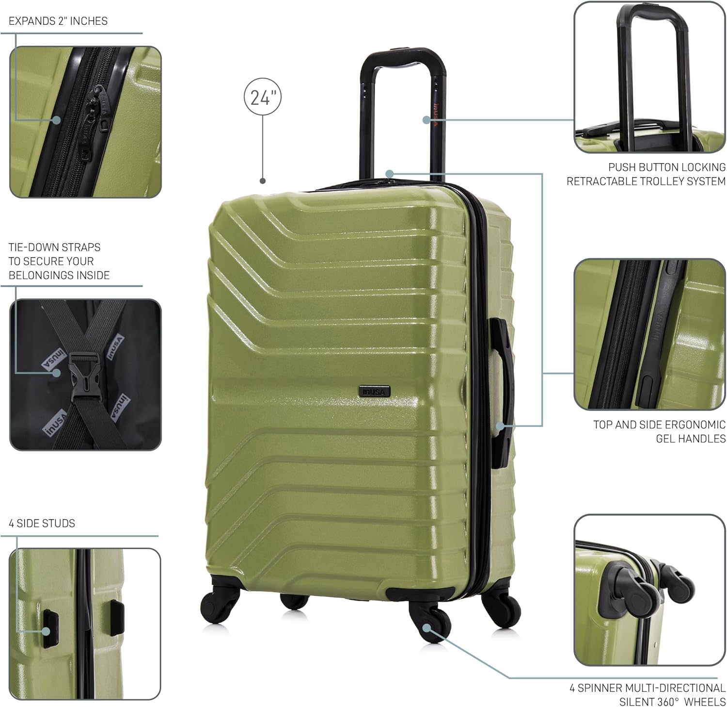 InUSA AURUM Hardside Luggage with Spinner Wheels | 24 in Durable Lightweight Medium Checked Suitcase for Travel | Zipper Clouser Suit Case with Gel Handles and Trolley | Green