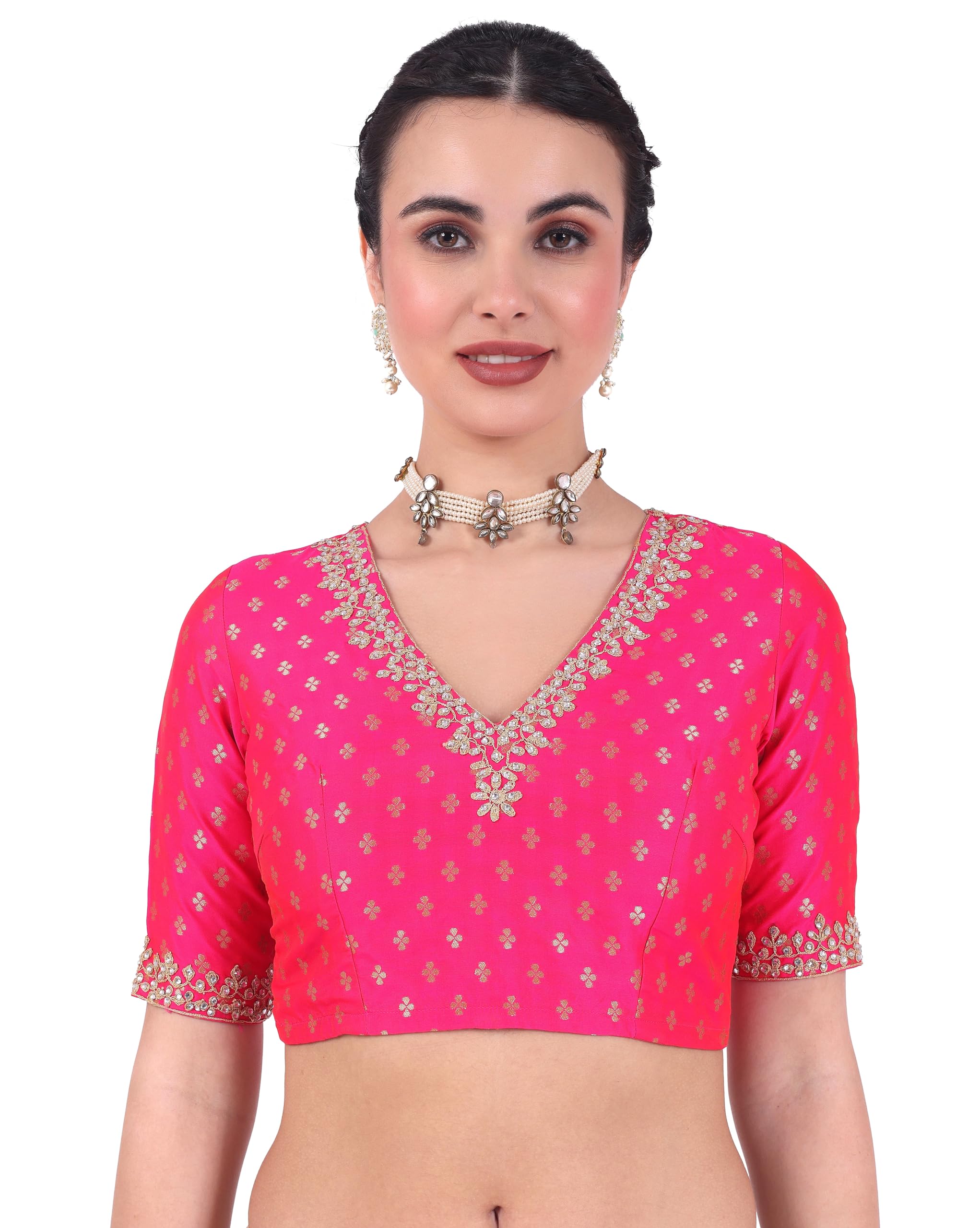 Studio ShringaarWomen's Brocade Embroidered V-Neck Readymade Saree Half Sleeve Blouse