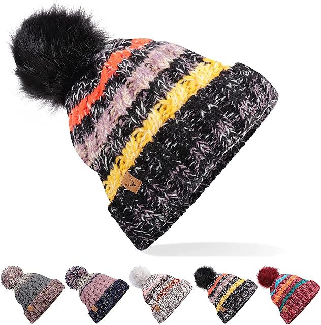 ECOMBOS Winter Bobble Hats Beanie Hat Cable Knitted Hat with Thermal Hat Womens Colorful Bobble Pom Pom Hats for Ladies and Mans Outdoor Sports Ski