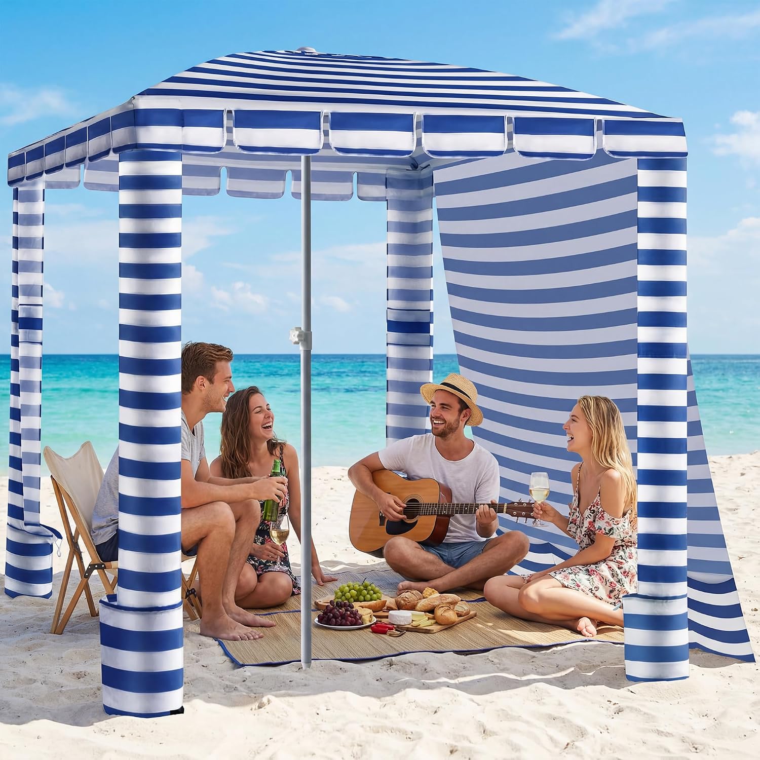Umineux Beach Cabana - 6FT/8FT Beach Canopy with Side Wall, Easy Setup Beach Tent Sun Shelter, Waterproof Tent - Portable Shade for Whole Family (Navy Stripes, 6FT)