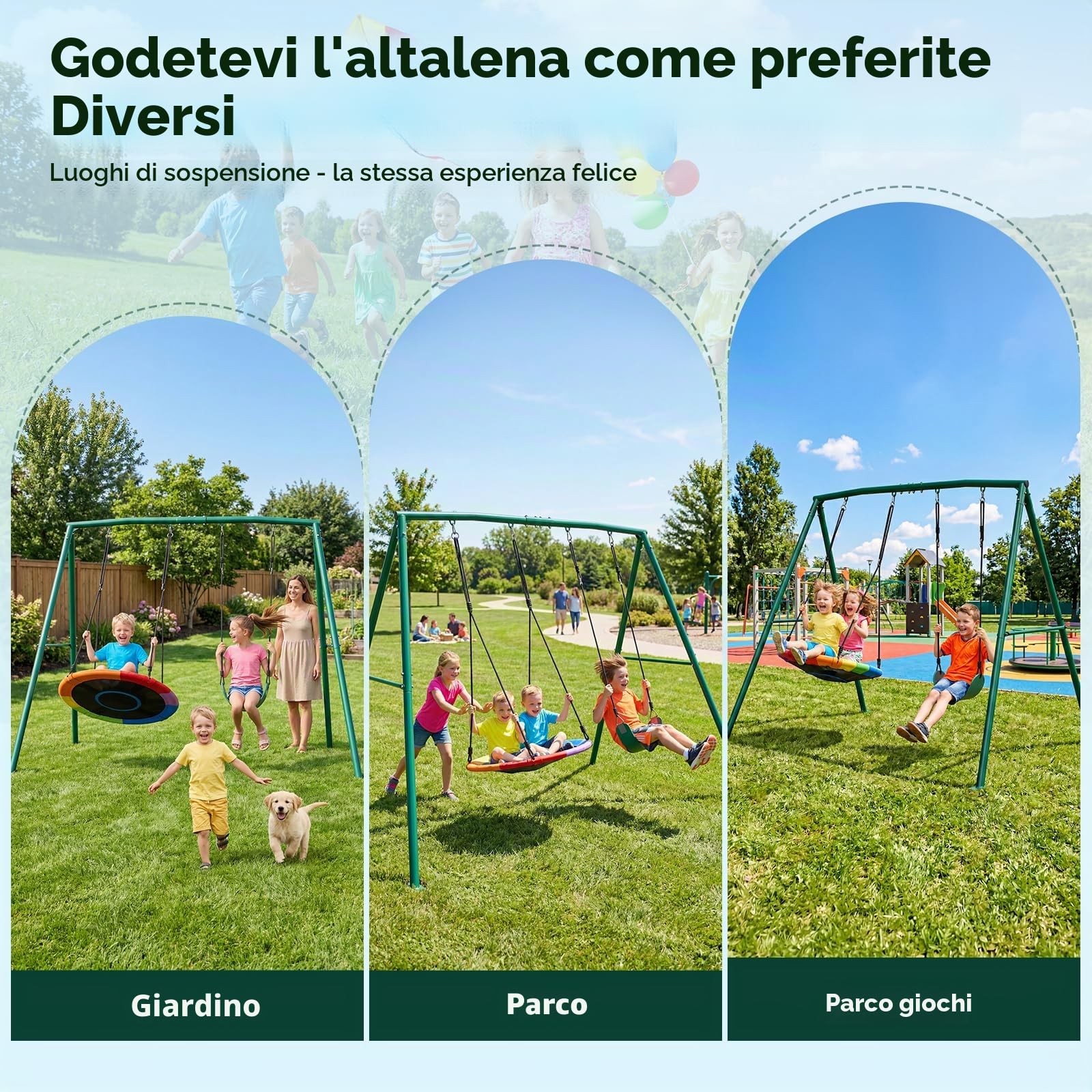 Trekassy Set di Altalena Doppia per Esterni con Struttura in Metallo, Portata fino a 200 kg, Altalena da Giardino con Altezza Regolabile, Altalena a Nido per Esterni per Bambini e Adulti