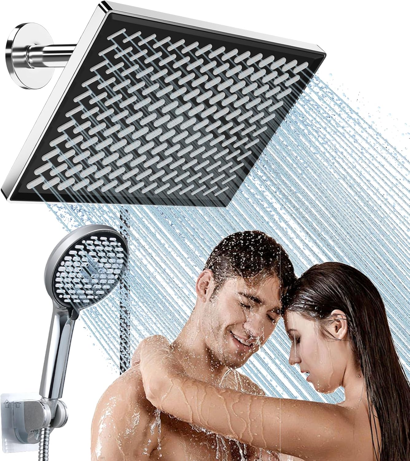 Cobbe 11.8 Inch Rain Shower Head with Handheld - Adjustable Dual Shower Heads with 6 Modes Handheld Spray Combo - Wide Rainfall Showerhead with Hose, Bathroom Accessories - Chrome