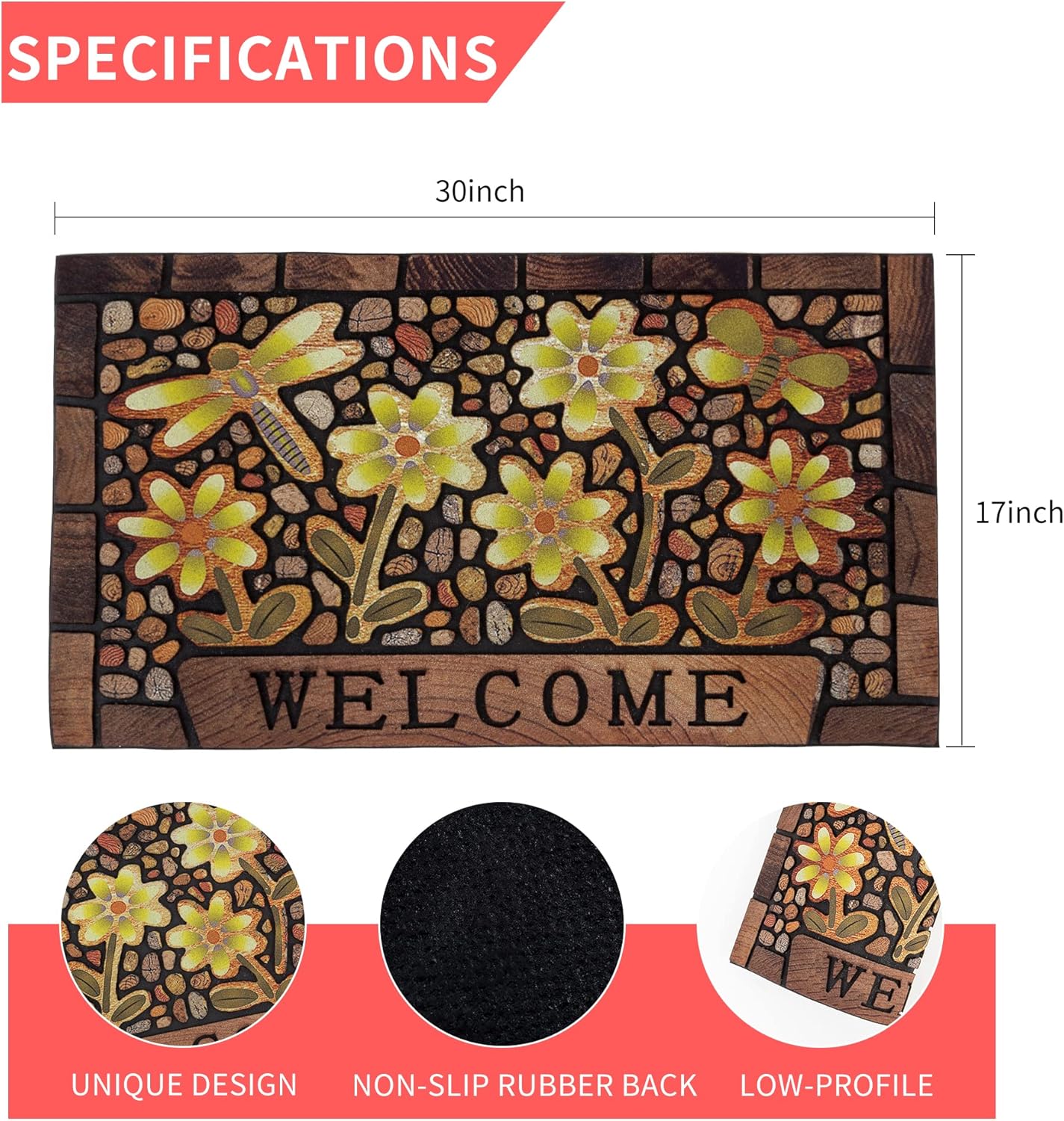Durable Door Mat Welcome Mat Indoor Outdoor,17x30 Inch Heavy Duty Non-Slip Rubber Front Door Mat Outside Entrance Rug,Apply to Home High Traffic Area, Patio, Farmhouse，Entryway Floor Mats