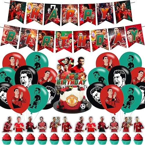 Ronaldo - Decoraciones de fiesta de cumpleaños, suministros de fiesta de superestrella de fútbol de Ronaldo con 1 pancarta de cumpleaños, 1 adorno