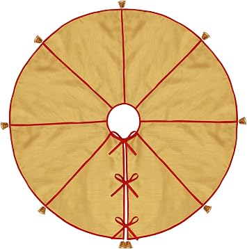 COTTON CRAFT Gold Christmas Tree Skirt Elegant Polydupioni Fabric with Red Piping and Gold Metal Bells - 44 inch Round Pie Design Xmas Tree Skirt with Ties - Holiday Tree Decoration