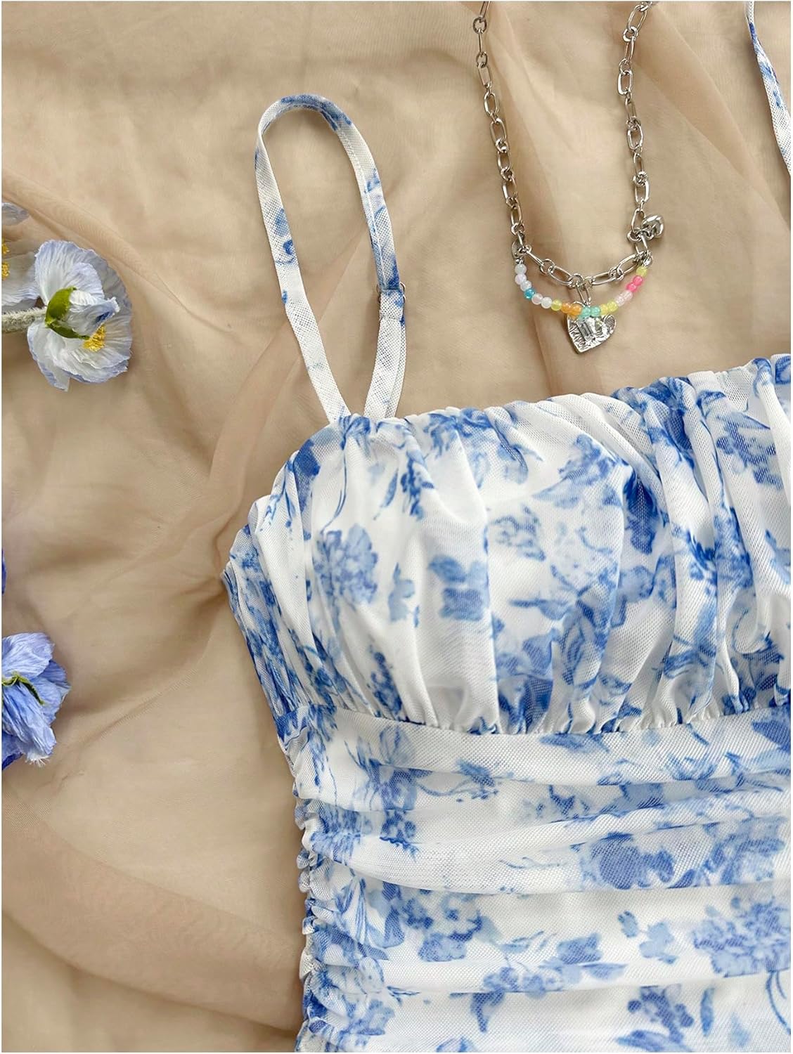 SHENHE Girl's Floral Ruched Spaghetti Strap Sundress Mesh A Line Flowy Boho Mini Dress - Image 4