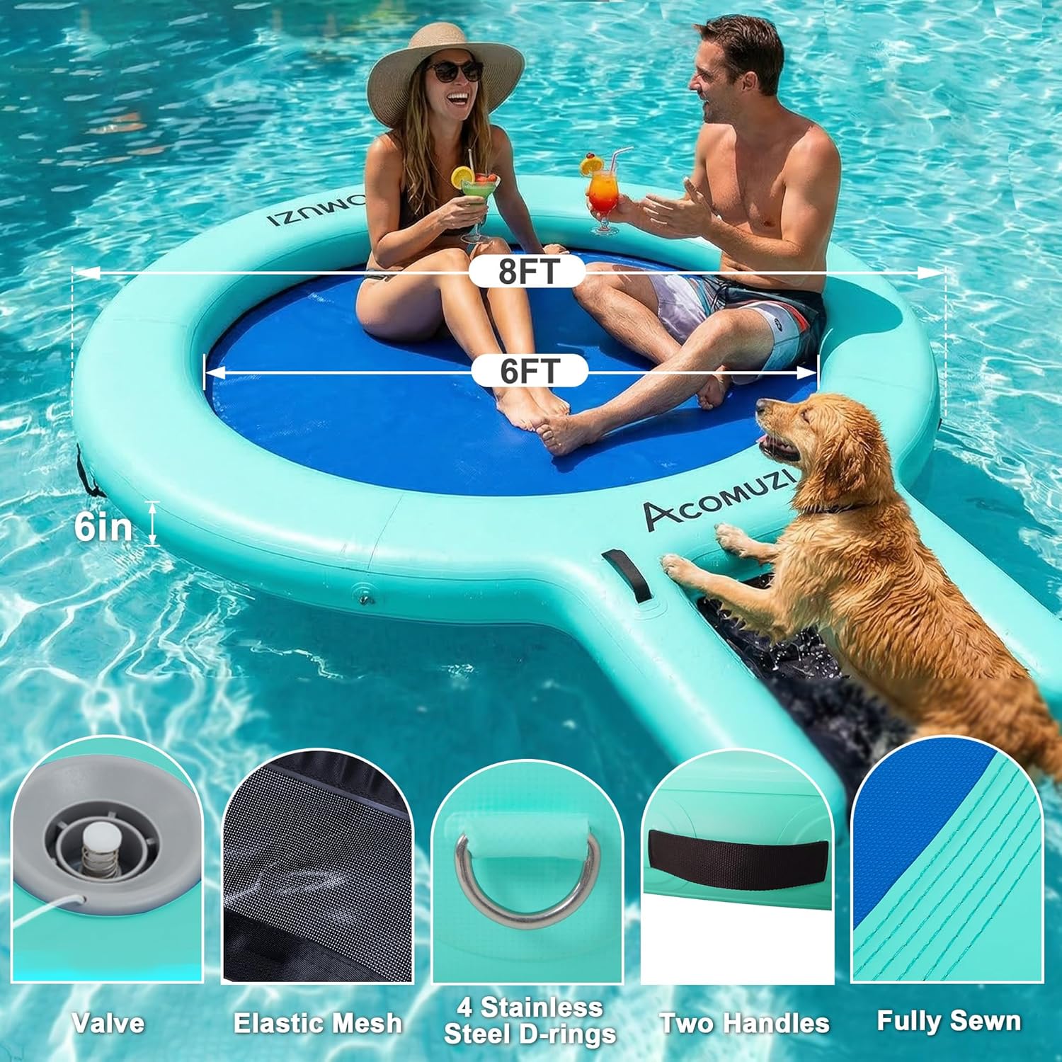 4/6/8/10/12FT Water Hammock Inflatable Floating Dock, Round Floating Ring Lake Floats for Adults, Heavy Duty Pool Float Raft for Ocean and Lake