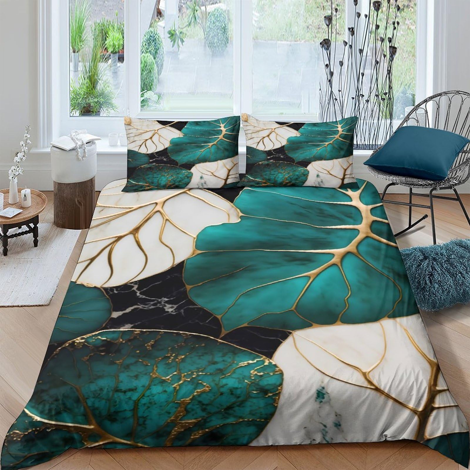 GPLZQXKJNH 3D Printed Abstract Green Gold Leaf Duvet Cover Microfiber Soft Breathable Bedding Set with 2 Pillowcases for Bedroom Decor, 100x200cm-260x220cm Single（135x200cm）