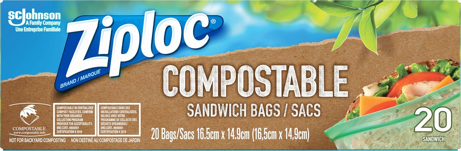 Ziploc Compostable Sandwich Bags, Grip ân Seal Technology, BPI-Certified Commercially Compostable, 810mL, 20 Reclosable Bags