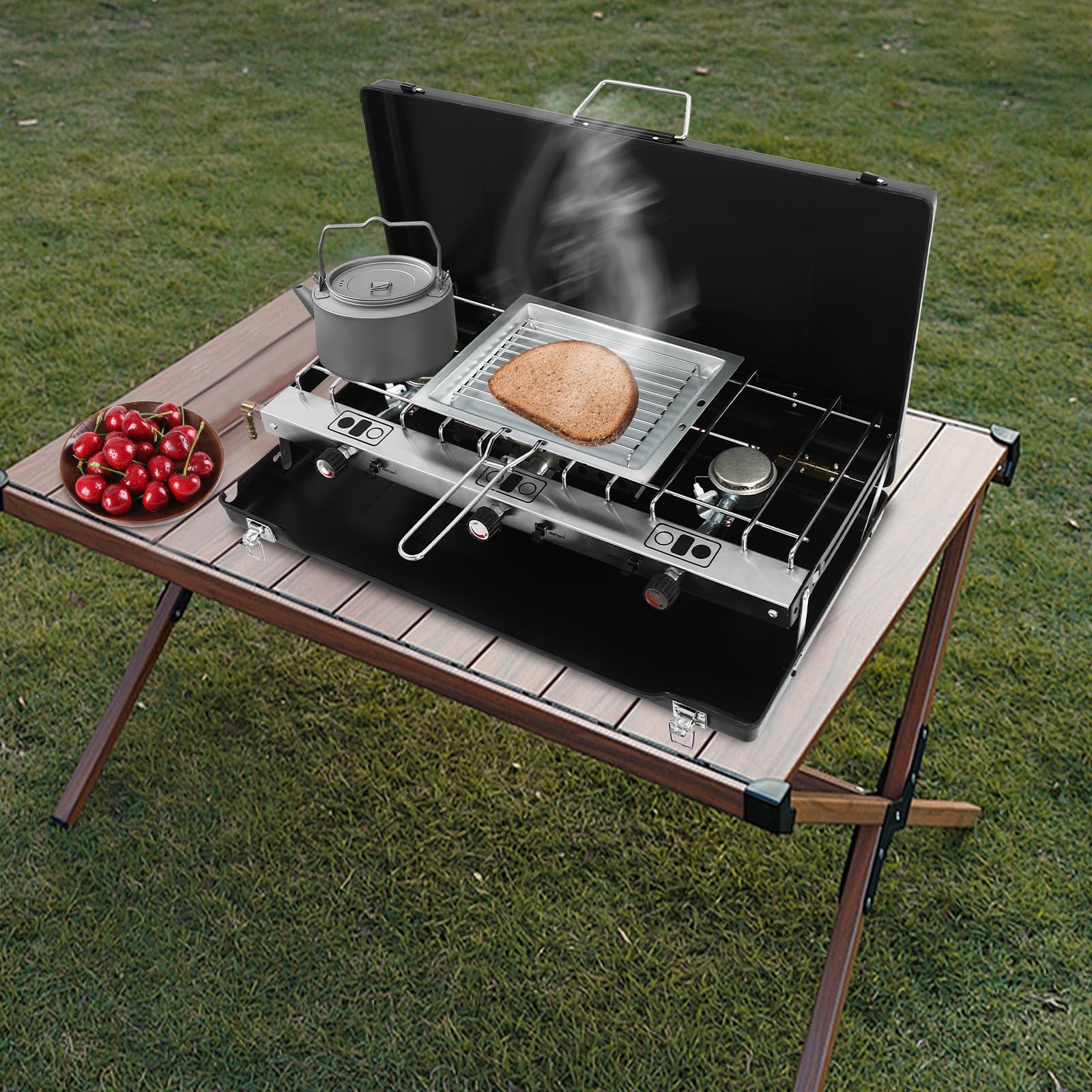 Cocina de gas de 3 fuegos, estufa de gas portátil, estufa de gas para exteriores, chapa laminada en frío, portátil, para camping, barbacoas, fiestas