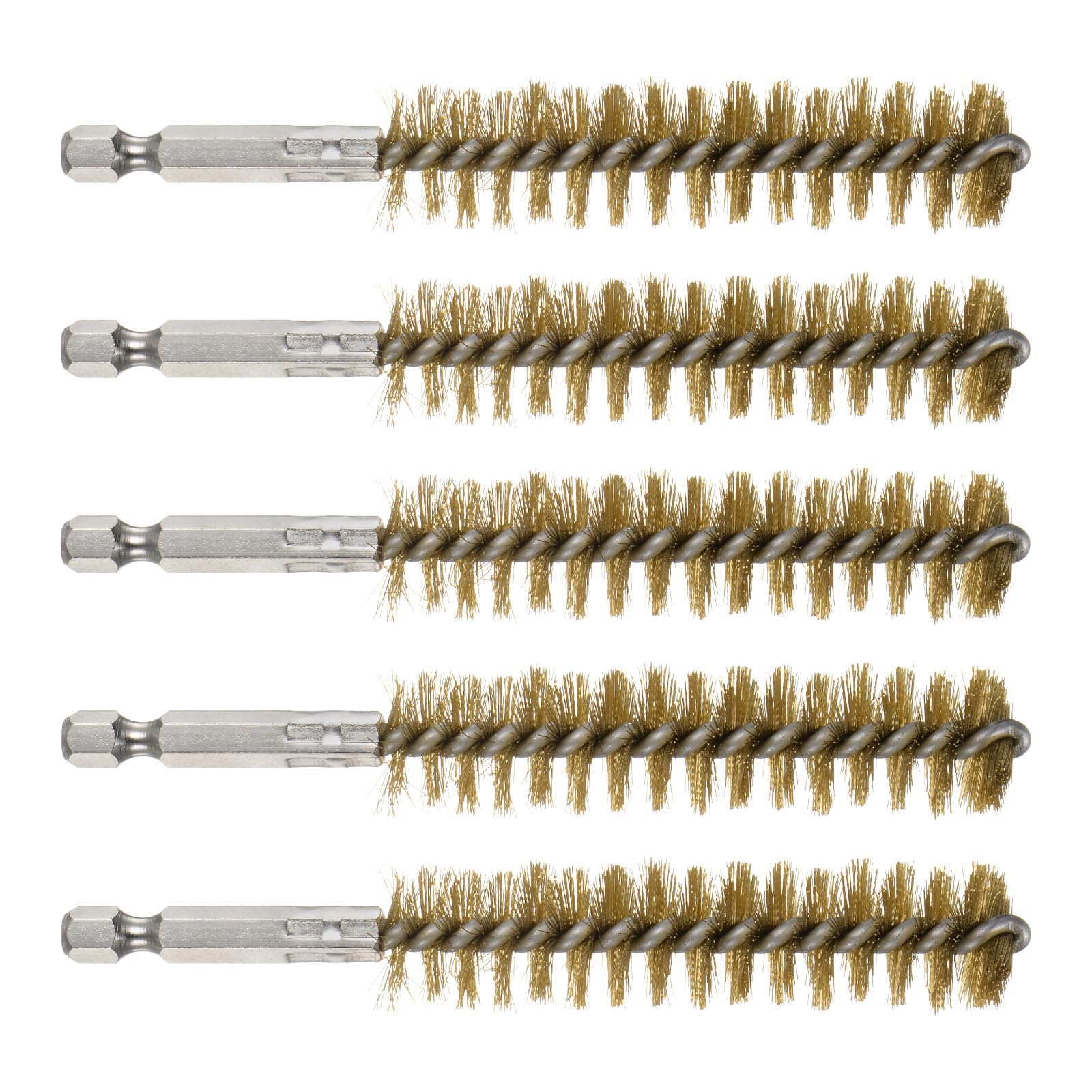 TA-VIGOR 5Pcs Bore Brush Set 18mm Dia, Brass Wire Tube Cleaning Brush with 1/4 Inch Hex Shank, Wire Brush for Drill, Pipe Drill Hole Brush for Metal Pipe Cleaner, Ports and Rust Cleaning