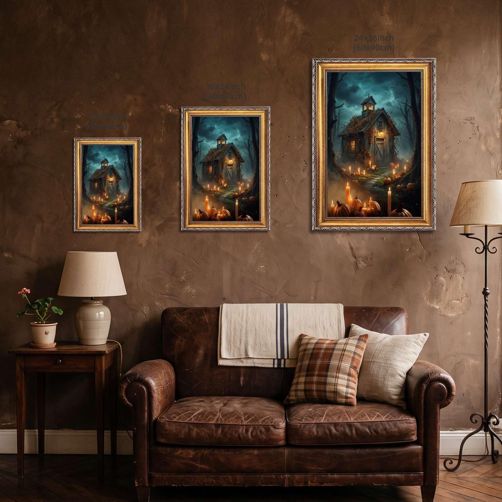 Cuadro decorativo de cabaña en el bosque místico con calabazas, impresión e