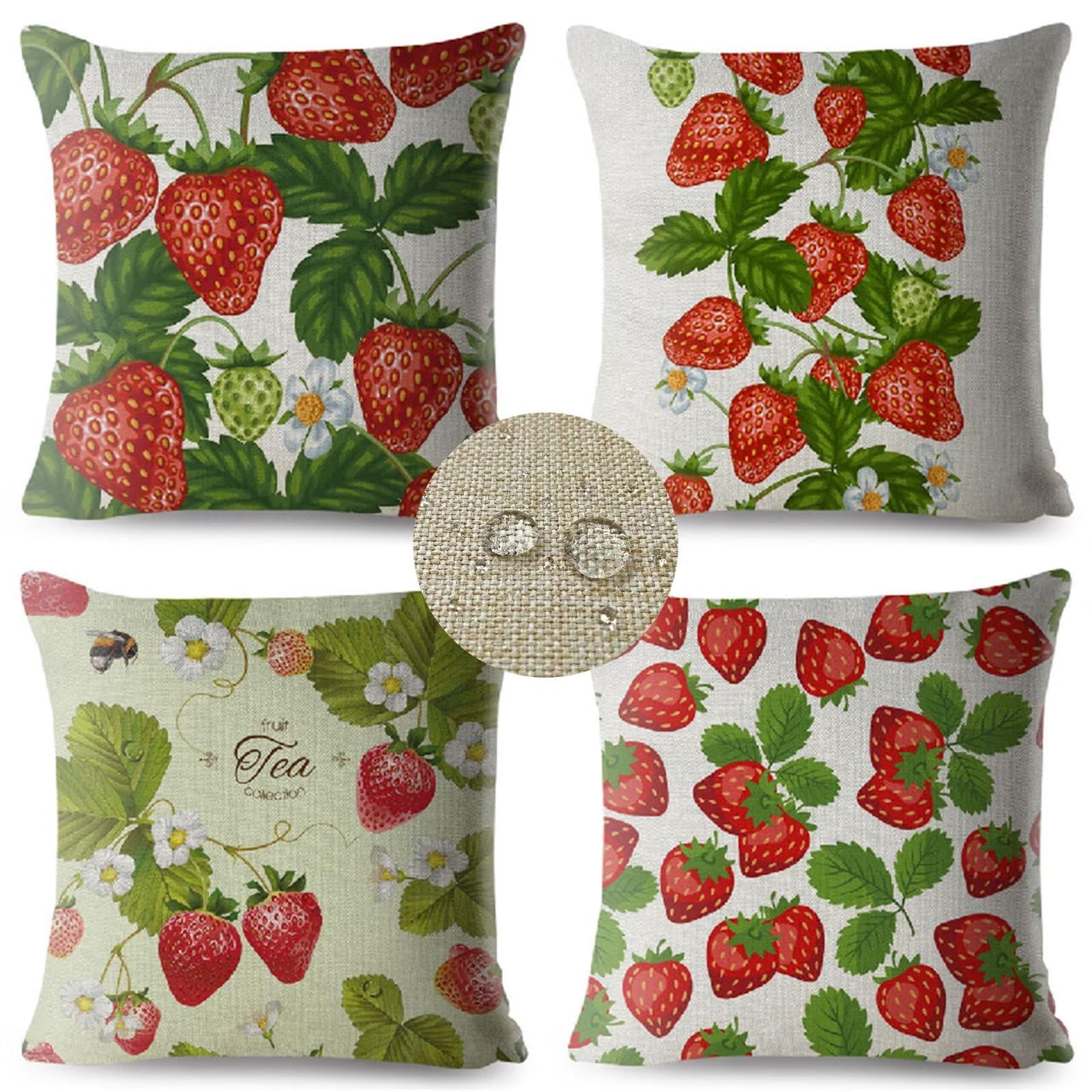 Housse de Coussin 65x65 Automne Housse Coussin Decoratif Lin Imperméable Taie Oreiller Rouge Coussins Decoratifs Fraise L'été Housse Coussin Exterieur,pour Chambre,Canapé,Chaise,Lit,Jardin JW-4245