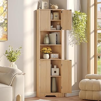 Fameill Tall Corner Cabinet with 2 Doors and 2 Open Storage Shelves, 68 Corner Storage Cabinet with Fluted Door Design, Home Space Saver for Living Room, Bathroom, Kitchen, Laundry, Natural Oak Color