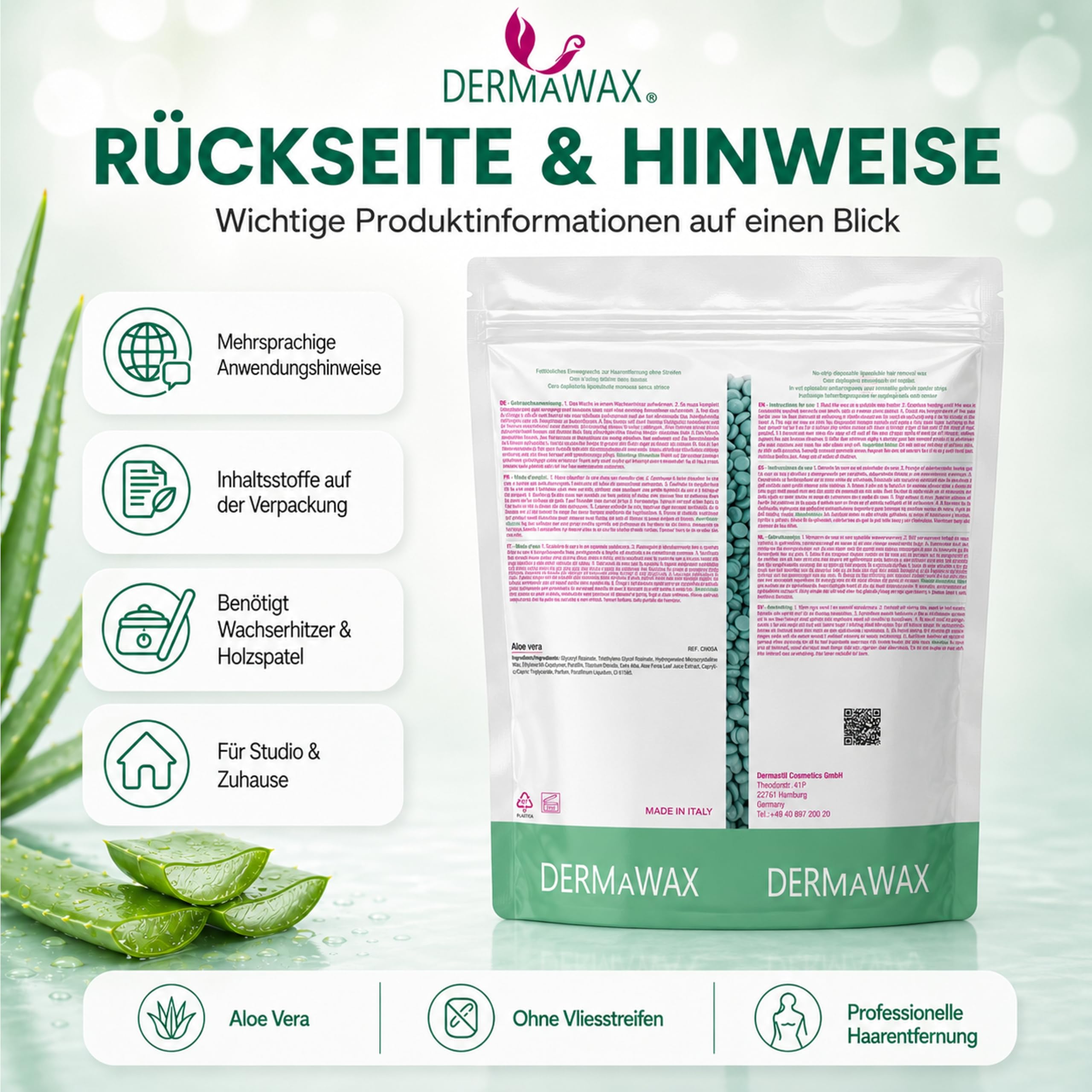 Dermawax 1 kg Wachsperlen Aloe Vera Heißwachs – Haarentfernung ohne Streifen für sensible Haut, Gesicht, Beine, Achseln & Bikinizone – Stripless Filmwachs, Made in Italy
