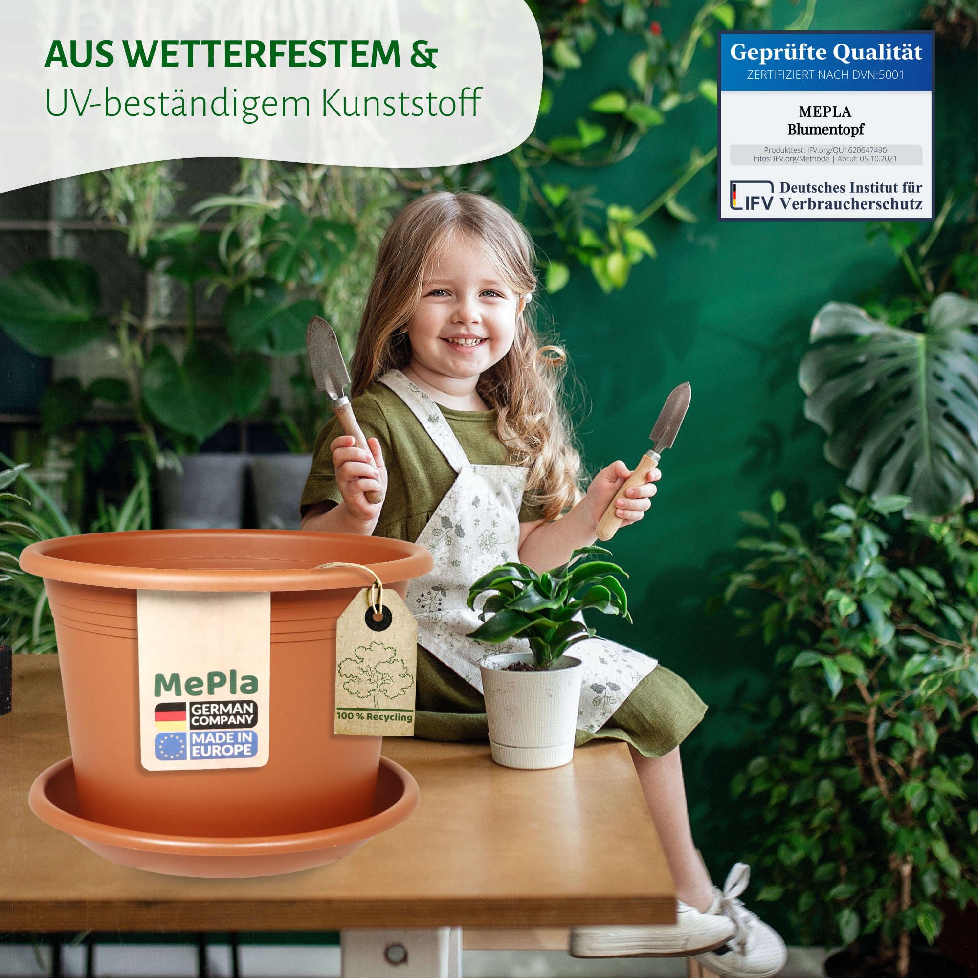 MePla - Blumentopf Pflanzkübel Cylindro ø60 cm + Untersetzer ø58 cm, Terrakotta, wetterfest aus UV-beständigem Kunststoff