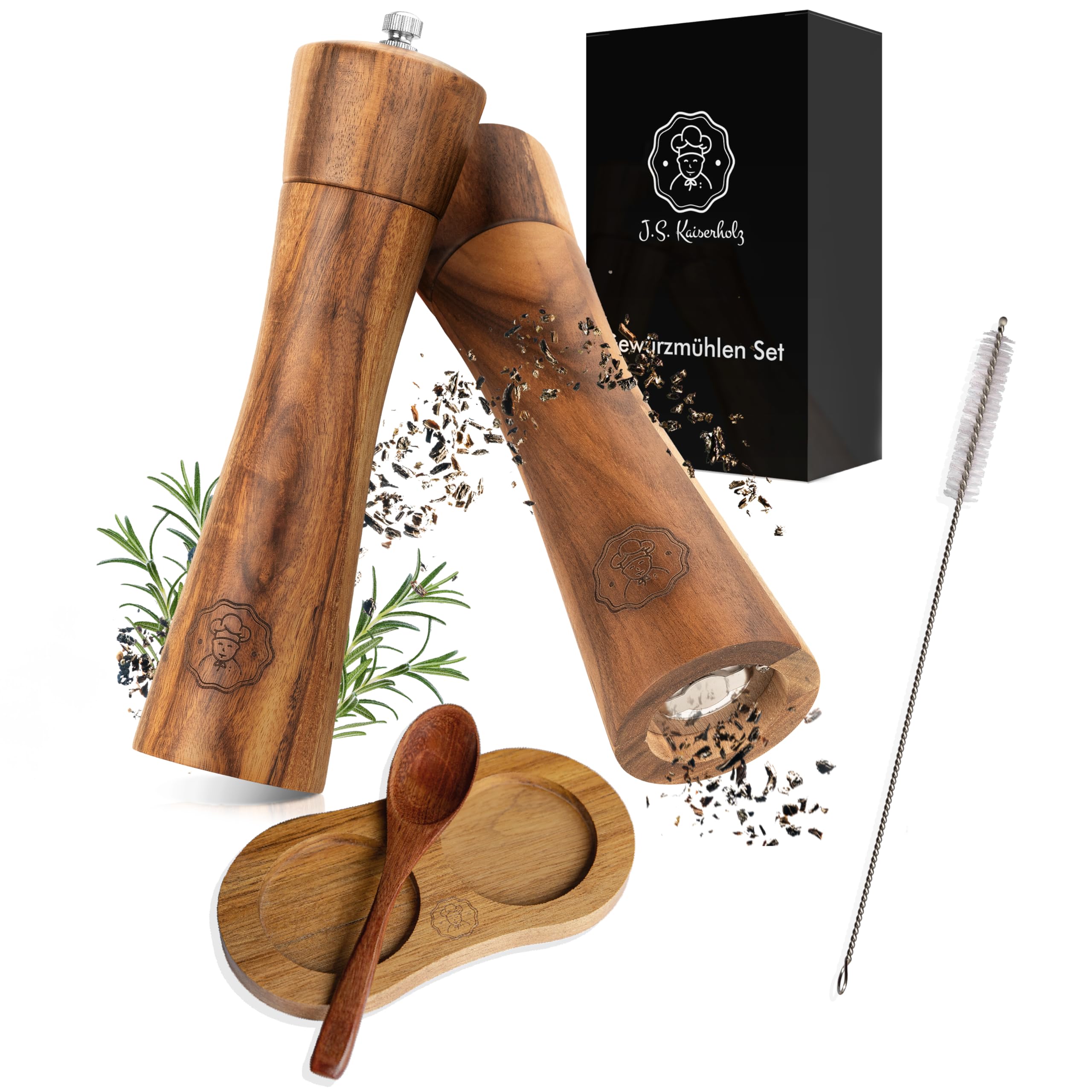 Salz & Pfeffermühlen Set Aus Holz - Manuell Mit Keramikmahlwerk, Untersetzer & Reinigungsbürste