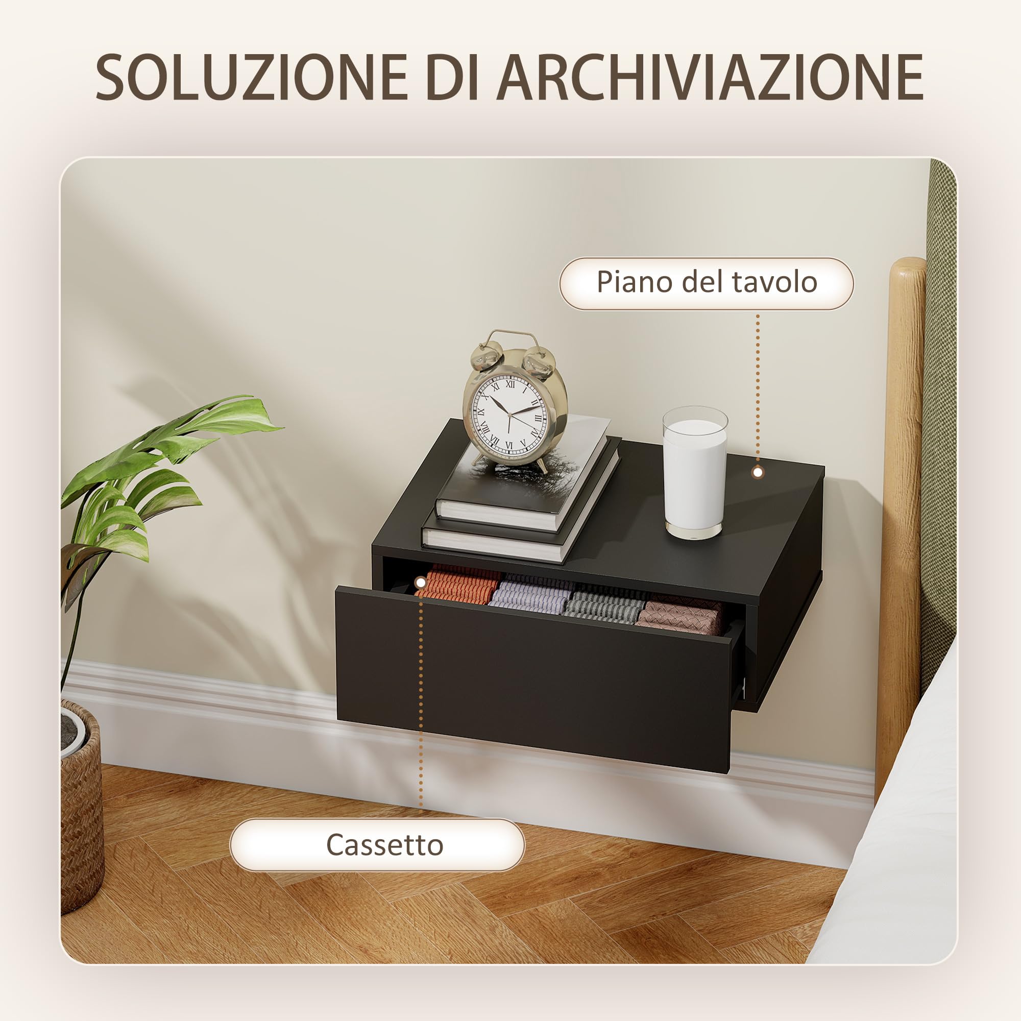 HOMCOM Set di 2 Comodini Camera da Letto Sospesi con Cassetto, Coppia di Comodini Moderno in Legno, Tavolini per Divano, Soggiorno, Salotto e Camera, 40x30x15 cm, Nero