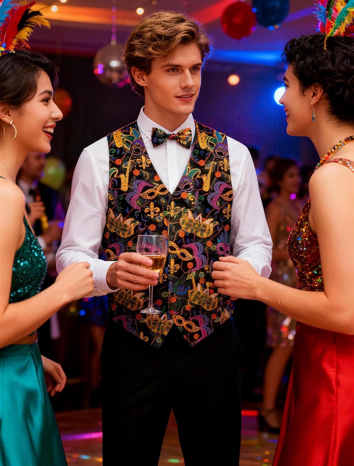 Adult Mens Mardi Gras Vest Kit Halloween Outfit with Bow Tie and Mask Independence Day Costume Set - Image 4