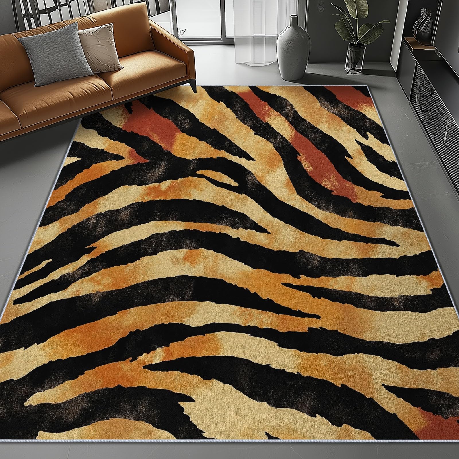 Tapis de salon abstrait camouflage tigre 140x200cm brun lavable