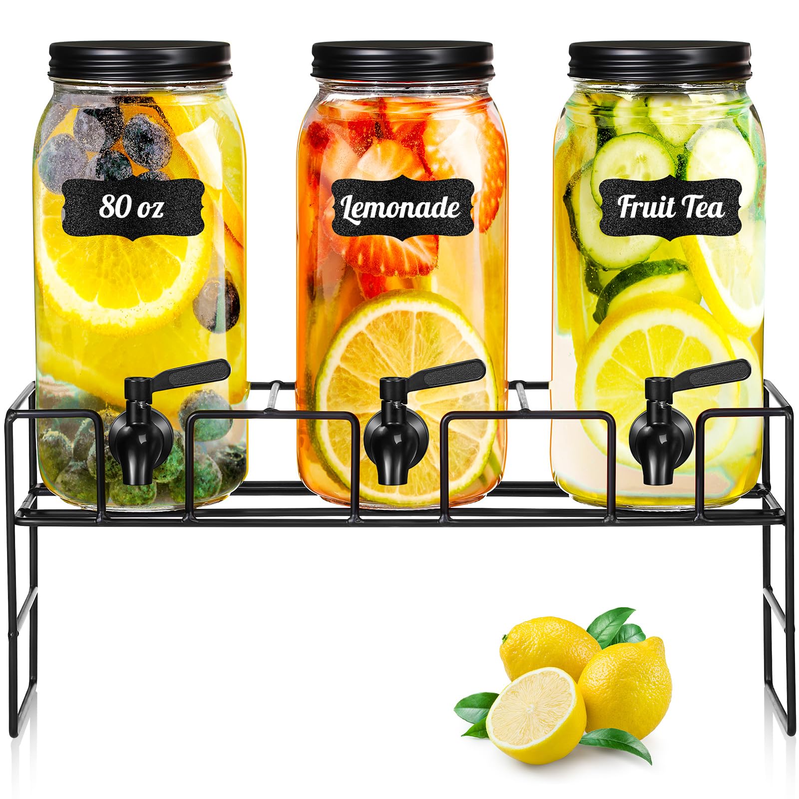 RimCereal 3 Pack 80 oz Glass Beverage Dispenser with Stand Clear Mason Jar Water Dispenser for Party, Fridge Includes Leakproof Stainless Steel Spigot