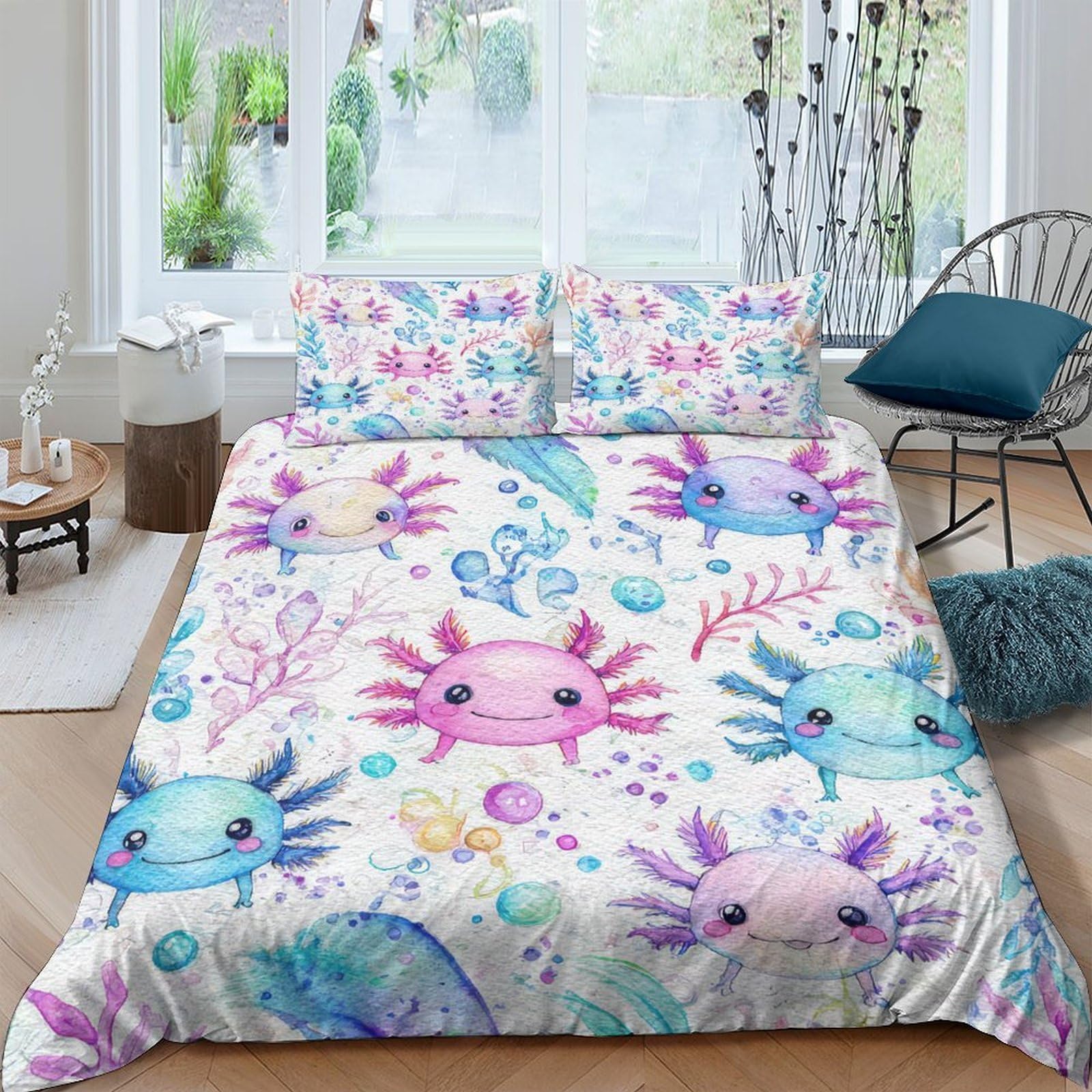 GPLZQXKJNH 3D Printed Cute Axolotl Duvet Cover Microfiber Soft Colourful Underwater Bedding Set with 2 Pillowcases for Bedroom Decor Single（135x200cm）