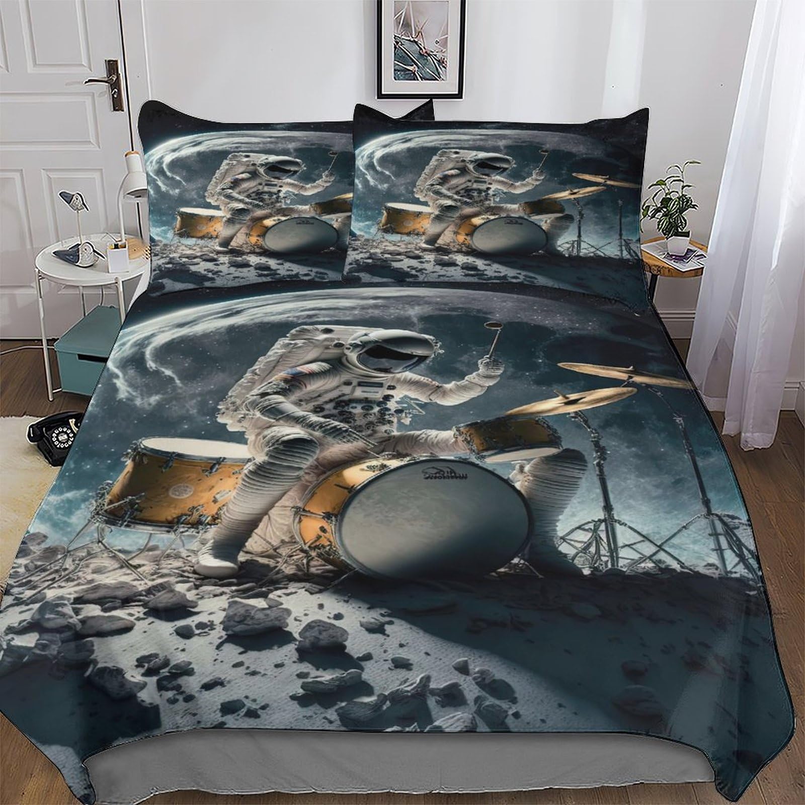 Astronaute playing drums housse de couette ado 200x200 en coton