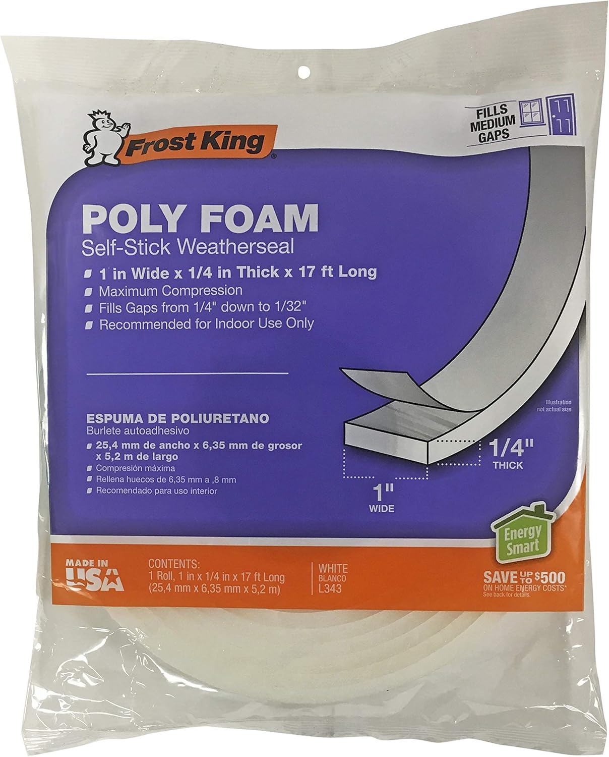 Frost King L343 Poly Foam Tape-Open Cell-Maximum Compression, L343-1, 17ft L, White-1/4 Thick, 1" W, 1/4" T, White