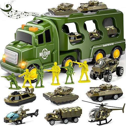 Doloowee Camión militar verde 14 en 1, juego de tanques del ejército con hombres soldados, juguetes de hombres del ejército, juguete de camión