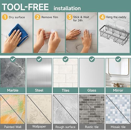 Miniatura 7 de Veken Paquete de 6 organizadores de ducha inoxidables y resistentes al agua, estantes adhesivos, gran capacidad para baño, organizadores para E.