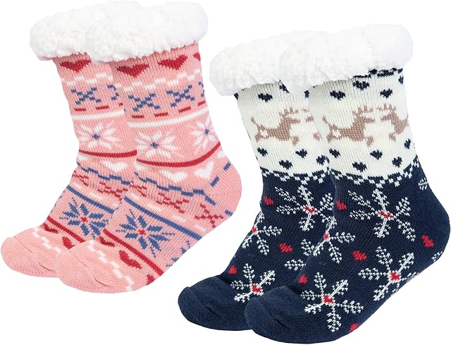 Chalier Fashion 2 pair Women's Slipper Socks Fleece Fluffy Socks Snowflake Fuzzy Socks Lining Knit Thick Warm Non Slip Christmas Winter