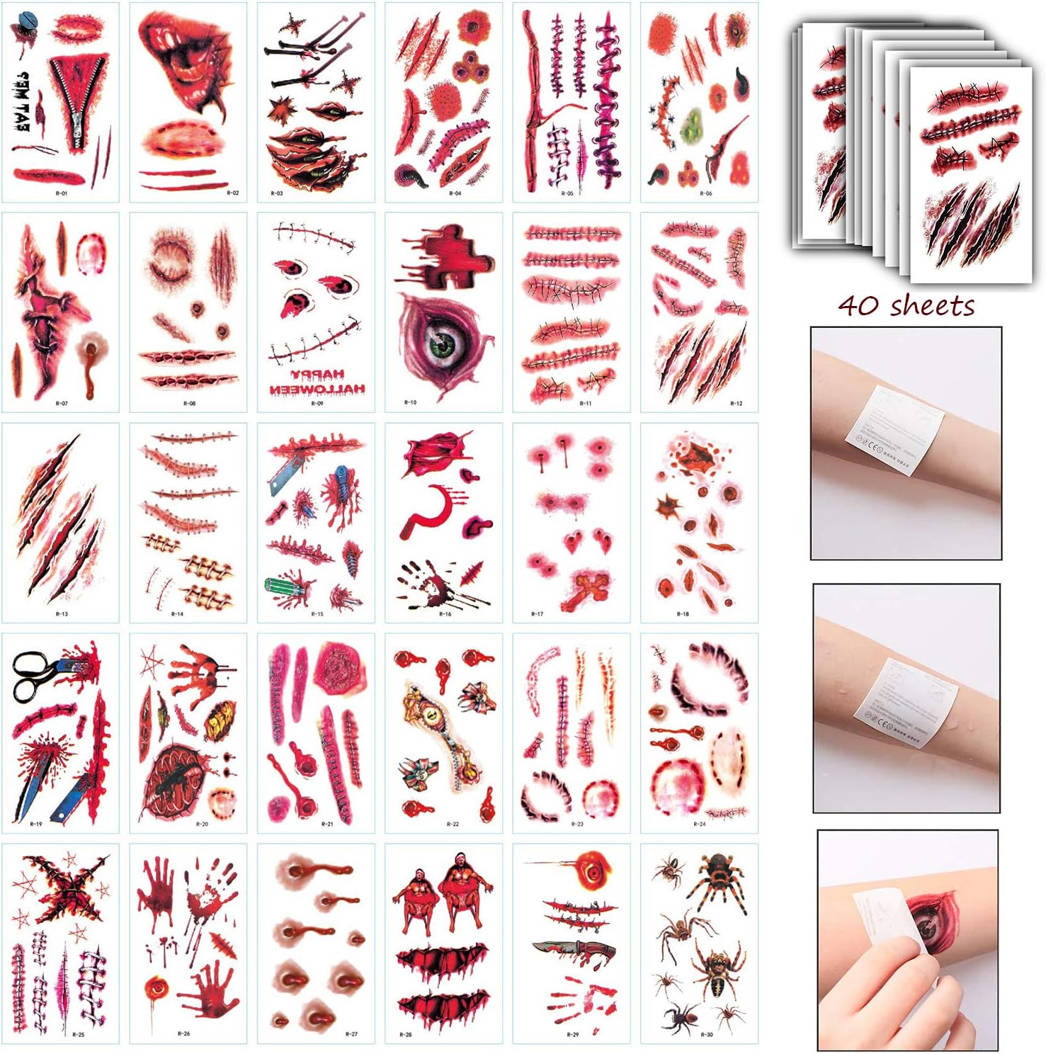 40 Sheets Temporary Tattoos Halloween Make Up - Bleeding Wound Fake Wounds toy Tattoo Scar Stickers for Halloween Party Zombies Cosplay Halloween Tattoos (Bleeding Bullet Wound)