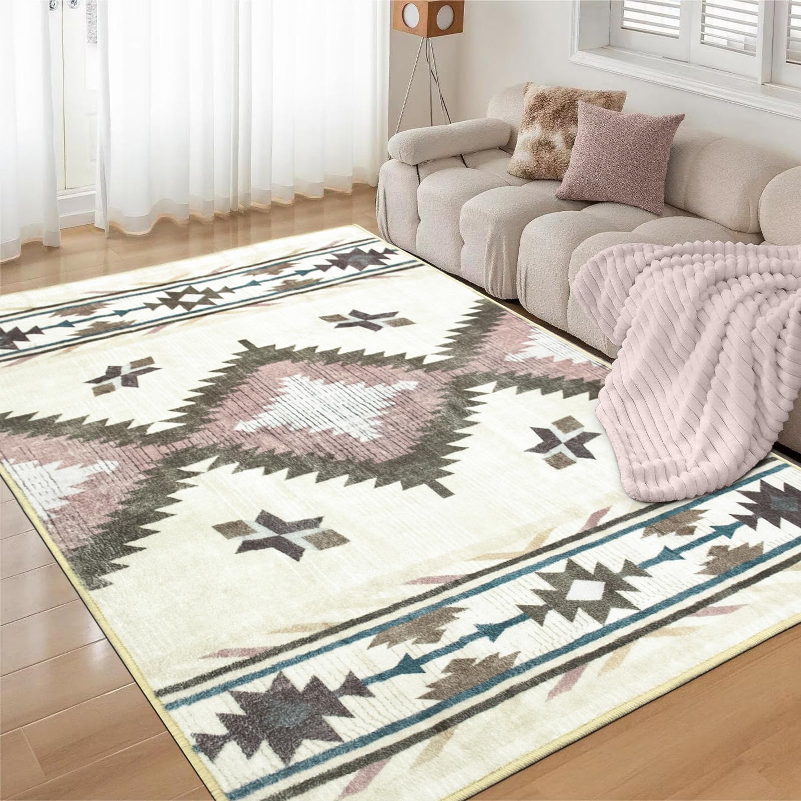 Alfombra de salón grande, pelo corto, antideslizante, lavable, diseño moderno, estilo bohemio, para dormitorio y comedor, color: beige y rosa, tamaño: 200 x 300 cm