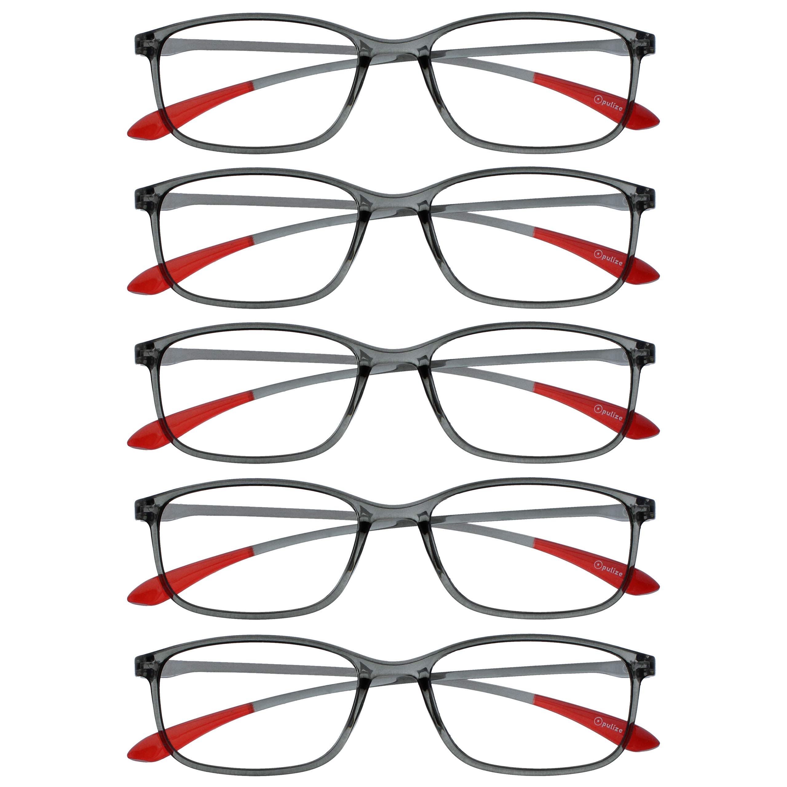 Opulize Ice Gafas de Lectura Pack de 5 Diseño Elegante Gris Cristal Puntas Rojas Claro Lentes Resistentes a Arañazos Montura Ultra Ligera para Uso sin Fatiga Unisex Hombre Mujer RRRRR61-7 +1.50