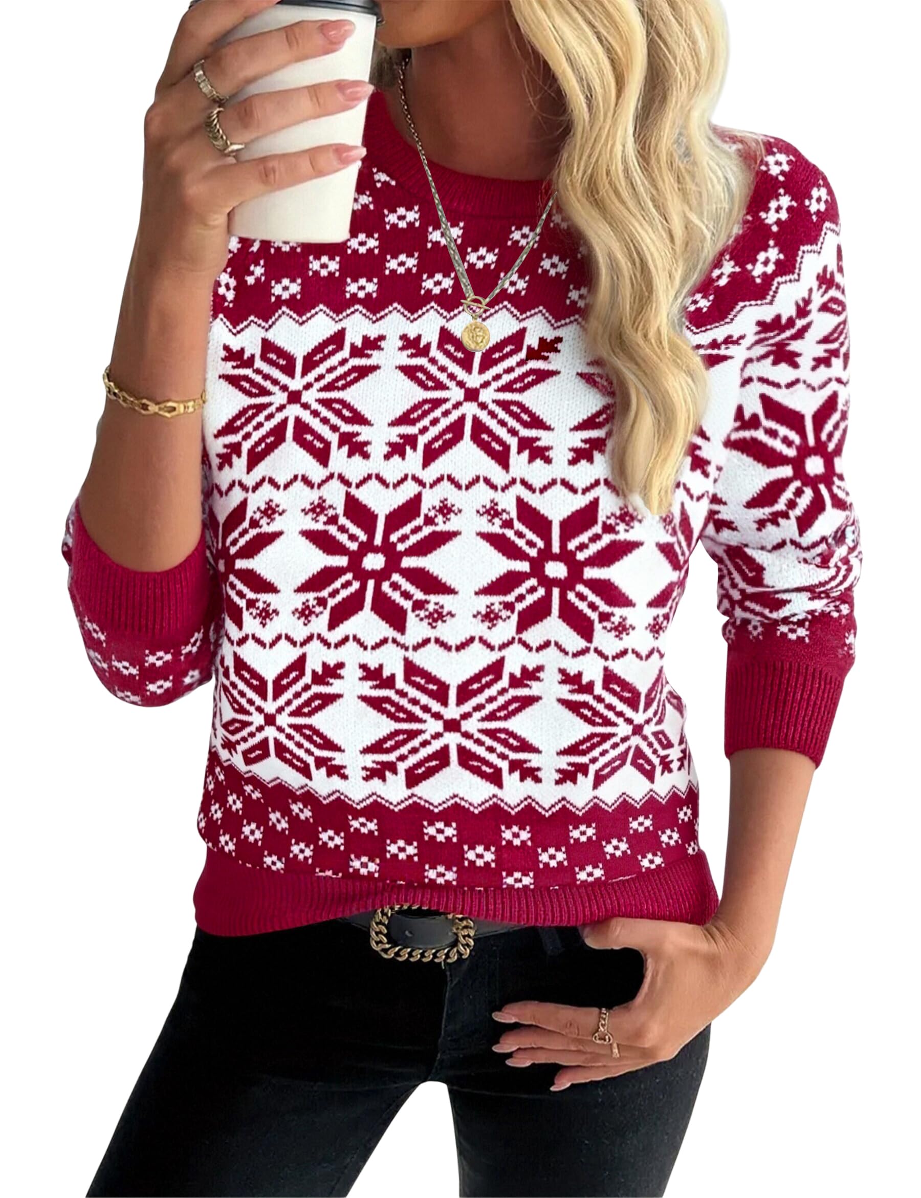 Demegimi Weihnachtspullover Damen Norweger Schneeflocken Winter Pullover Warm Strickpullover Rundhals Langarm Christmas Sweater