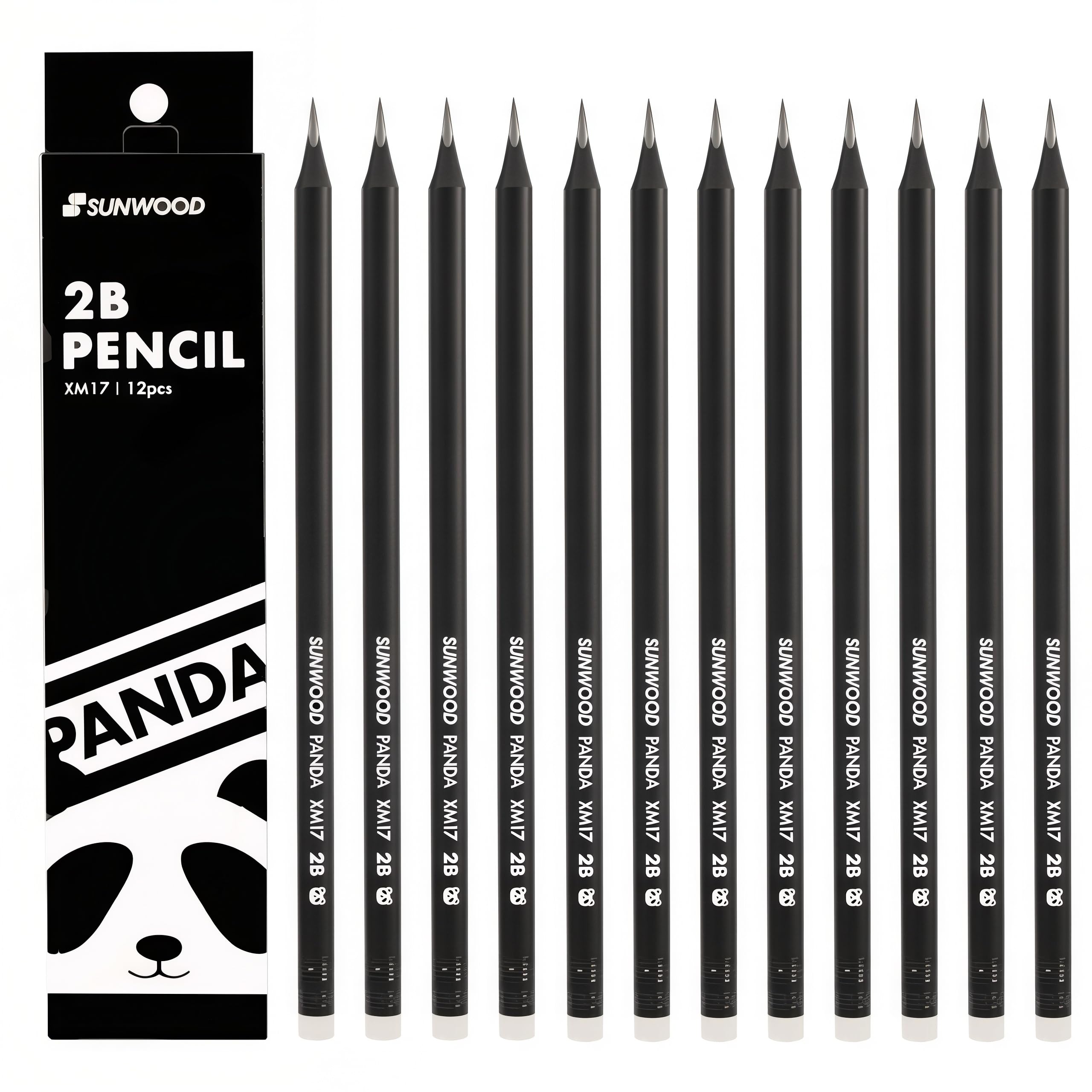 Perriuox Panda 2B Black Wood Cased Graphite School Pencils, Pack of 12, Pre-Sharpened with Latex Free Erasers, Office Supplies for Exams, School, Office, Drawing and Sketching (2B)