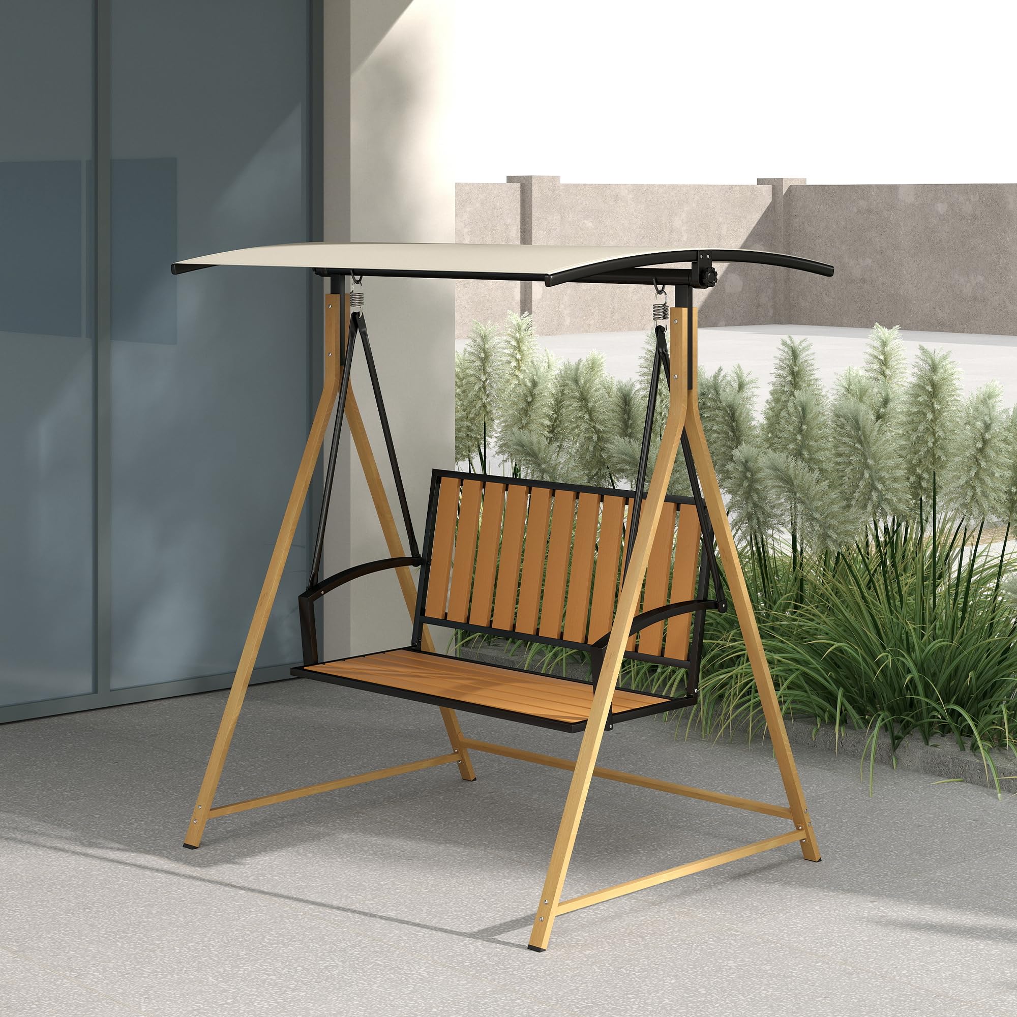 Outsunny Columpio de Jardín Exterior de 2 Plazas Grano de Madera Balancín de Jardín Exterior con Toldo Ajustable y Estructura de Metal Carga 240 kg 142x112x162 cm Natural y Beige