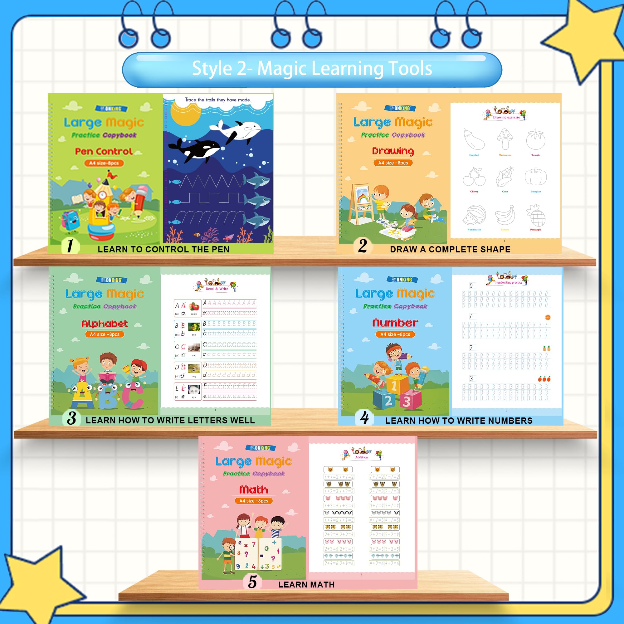 Monking Cuaderno de práctica mágica para niños, libro de práctica de escritura a mano, paquete de 4 con recambio de bolígrafo, caligrafía cursiva en inglés, reutilizable para niños, jardín de