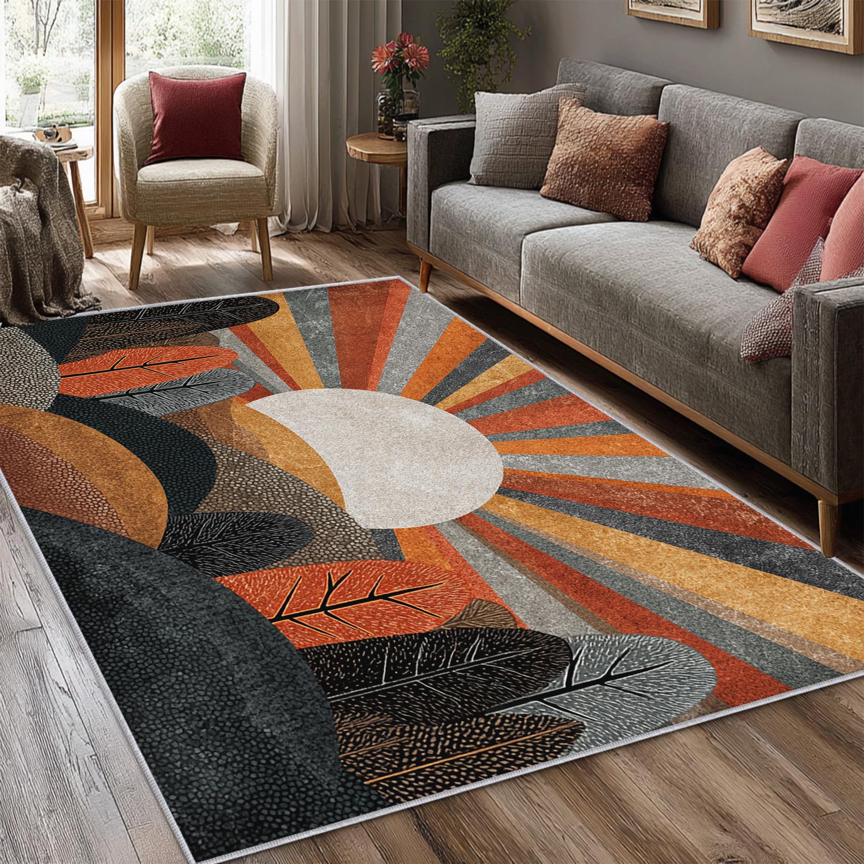 Generisch Boho Teppich 160 x 230 cm Wohnzimmer Mit Sonne Berg Baum Muster, Boho Bettvorleger Schlafzimmer Deko, Waschbar Teppiche Gegend Kurzflor rutschfest,j1d528