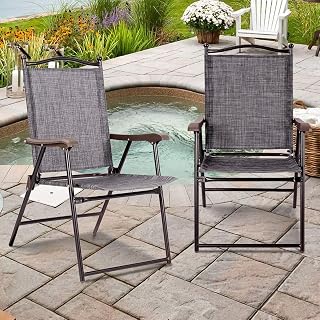 DORTALA Set of 2 Patio Folding Chairs, Outdoor Folding Chairs with Armrests, Portable Dining Chairs, Patio Furniture Sling Back Chairs for Backyard, Deck, Poolside and Garden, Grey