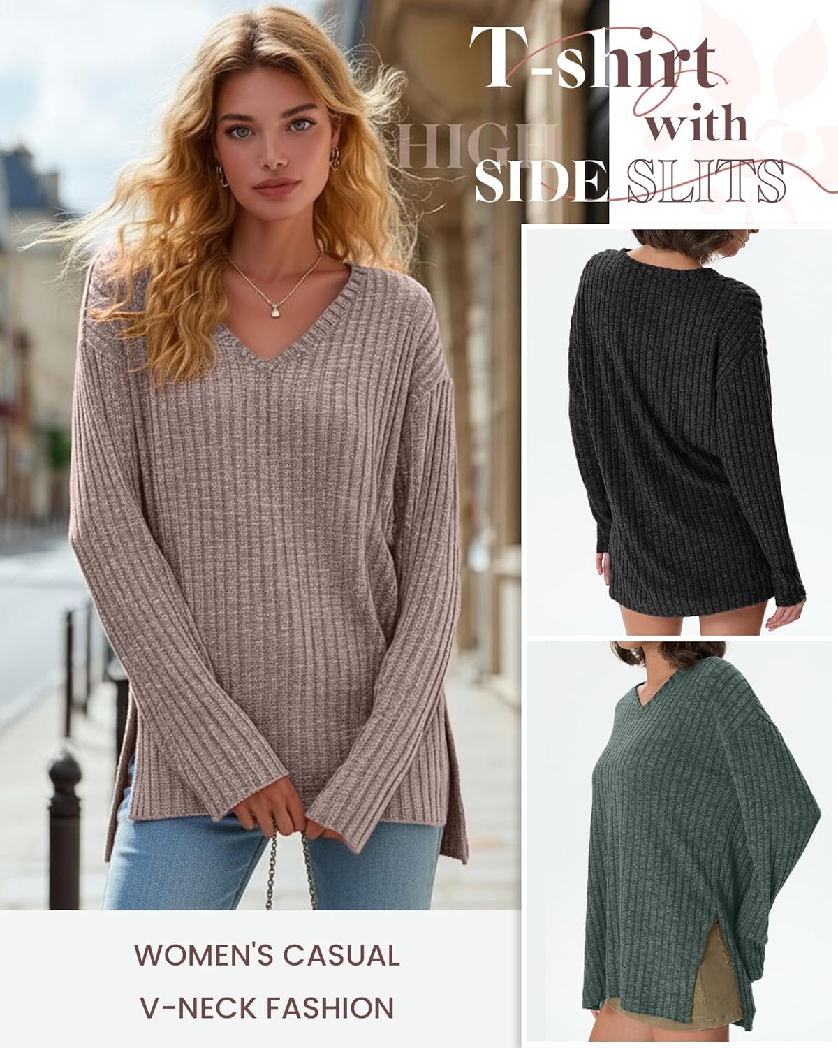 3 Pack Women's Long Sleeve Oversize Tops, V Neck Ribbed Sweaters Knitted Side Slits Tees Casual Pullover Shirts - Image 4