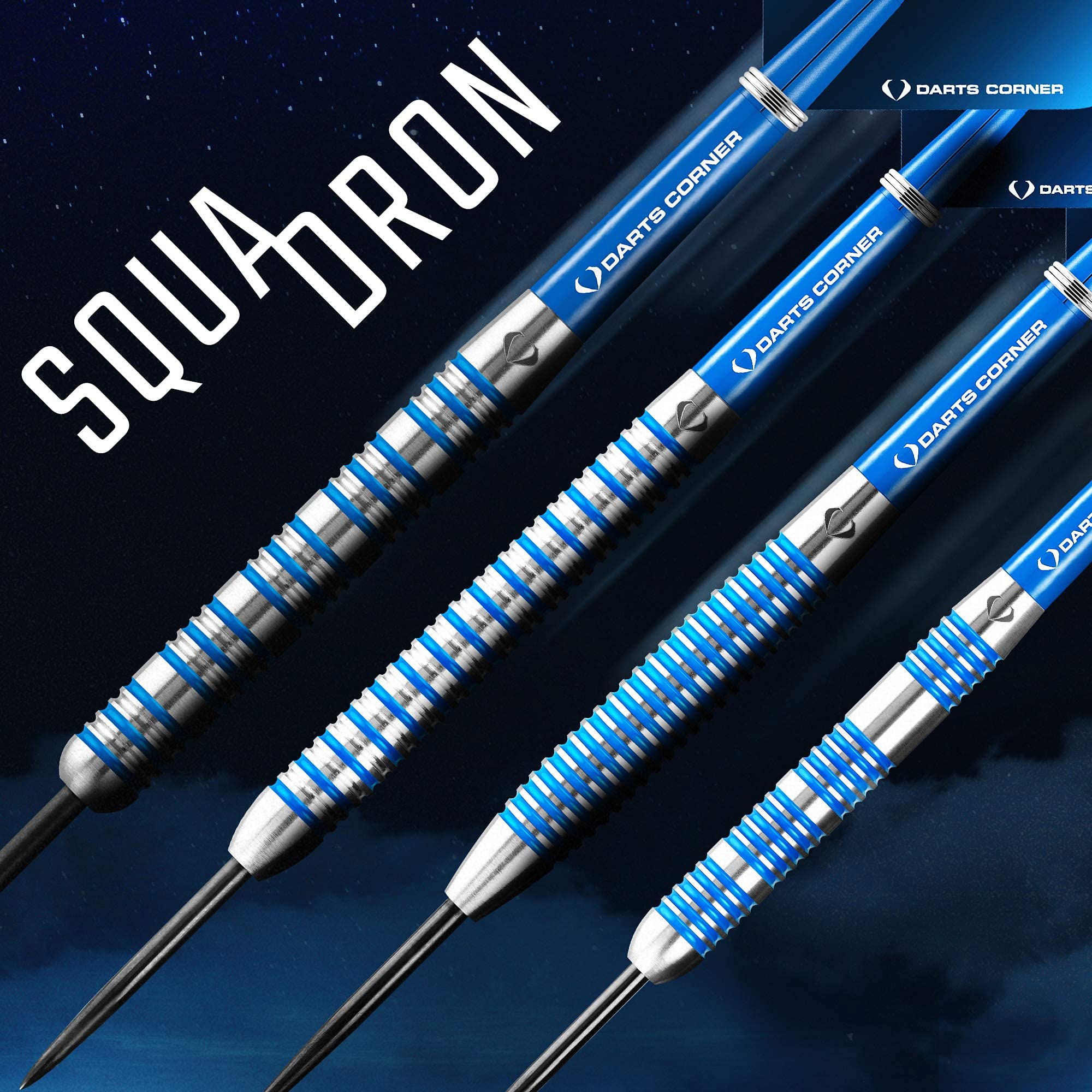 Darts D0779 Squadron | Jeu de fléchettes de qualité supérieure 90% tungstène avec Pointes en Acier Comprenant 3 ailettes Standard, 3 tiges, Protecteur de Pointe et Porte-Barre, M3, Bleu